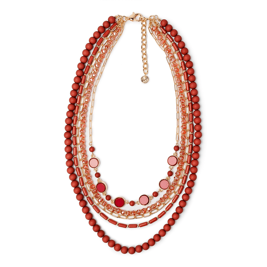 Avalaya Collana Multistrato Con Perline Di Vetro Rosso - Lunghezza 80 Cm, Chiusura Bottone, Stile Boho - 4