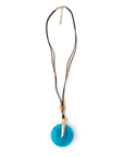 Collana lunga con laccio marrone, pendente circolare in resina ottanio - Mya Accessories