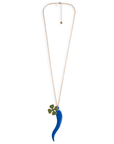 Collana lunga a catena con doppio pendente smaltato quadrifoglio verde e corno blu - Mya Accessories
