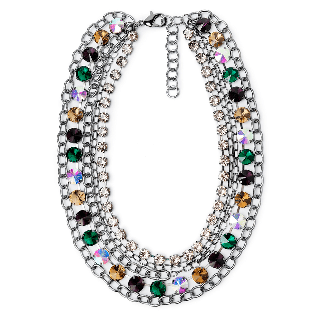 Collana in metallo gun con pietre in vetro verdi e viola - Mya Accessories