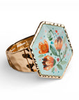 Bracciale rigido elastico con medaglione esagonale e design floreale in resina - Mya Accessories