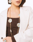 Collana lunga a catena con inserti esagonali in resina celeste design floreale - Mya Accessories
