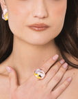 Anello in metallo elastico smaltato con fiori gialli e rosa - Mya Accessories