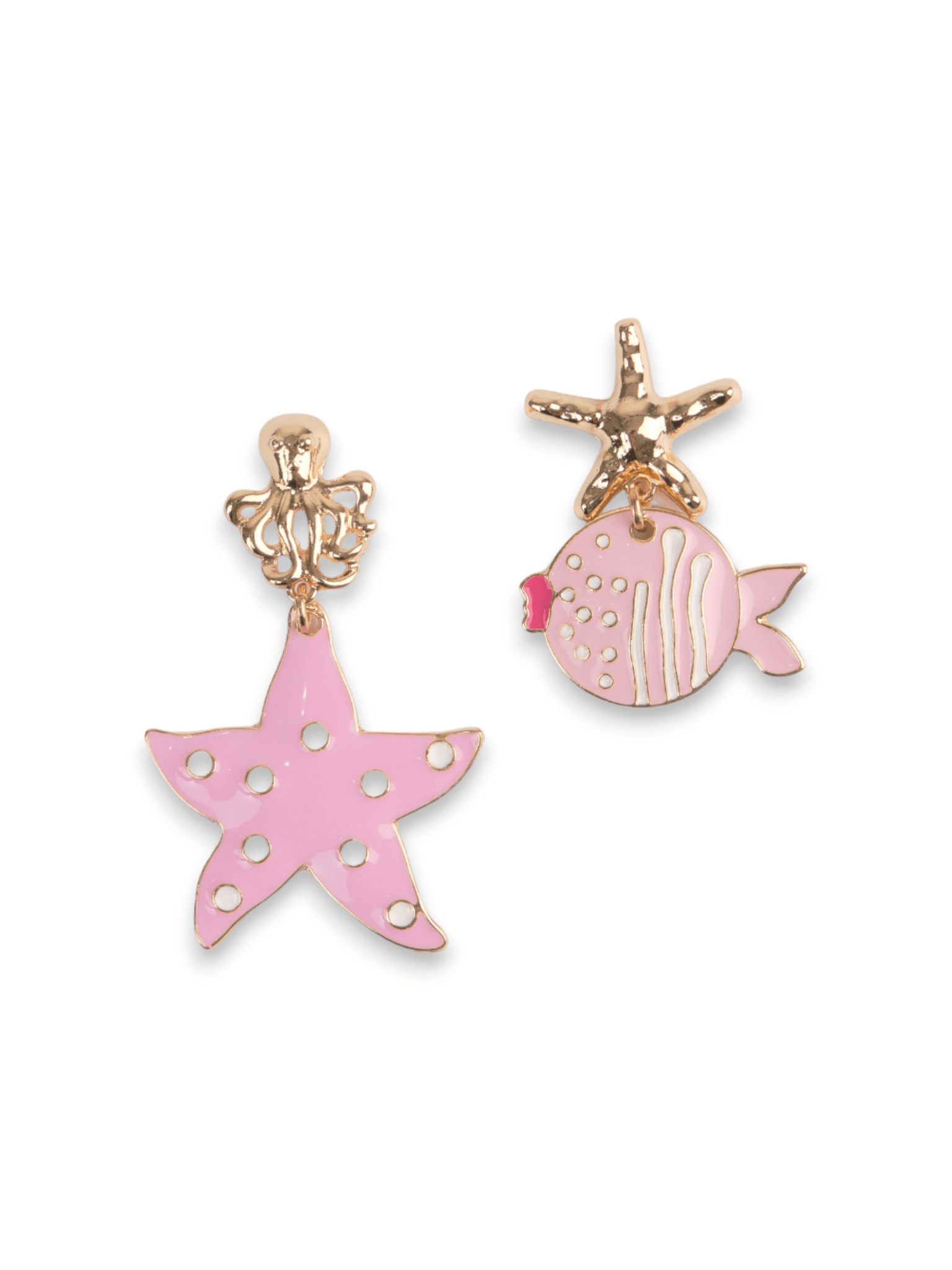 Orecchini polipetti e stella marina con pesci bianco-rosa - Mya Accessories