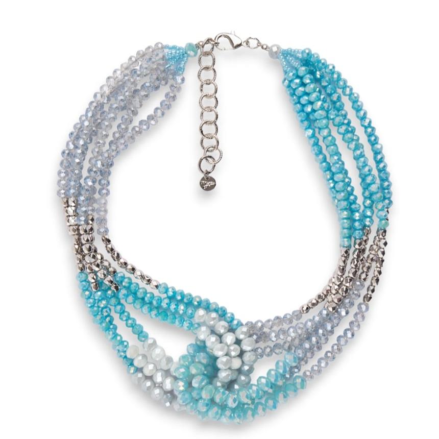 Collana multifilo intrecciata, con microcristalli celeste