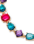 Collana girocollo in metallo con pietre in acrilico trasparenti fucsia, turchese e viola - Mya Accessories