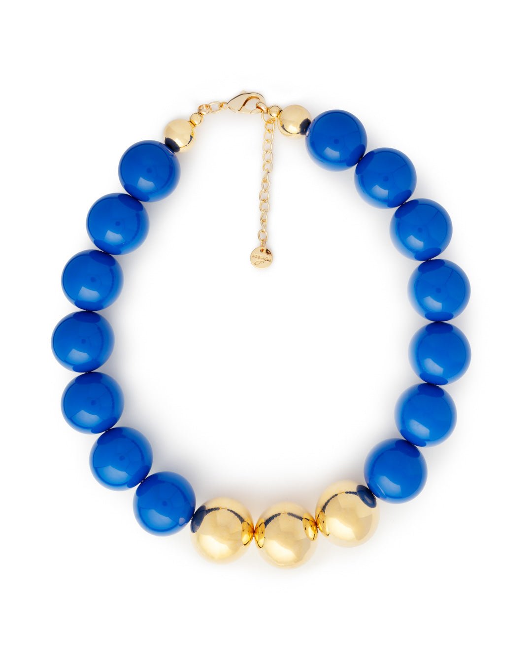 Collana girocollo in acrilico con sfere blu di cui tre placcate in oro - Mya Accessories