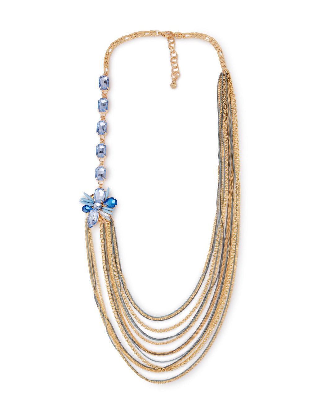 Collana a catena multi filo con pietre e fiore in vetro ed acrilico tono blu - Mya Accessories