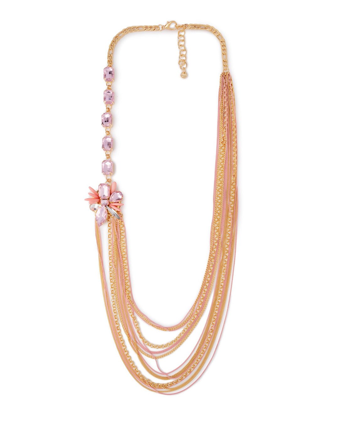 Collana a catena multi filo con pietre e fiore in vetro ed acrilico tono rosa - Mya Accessories