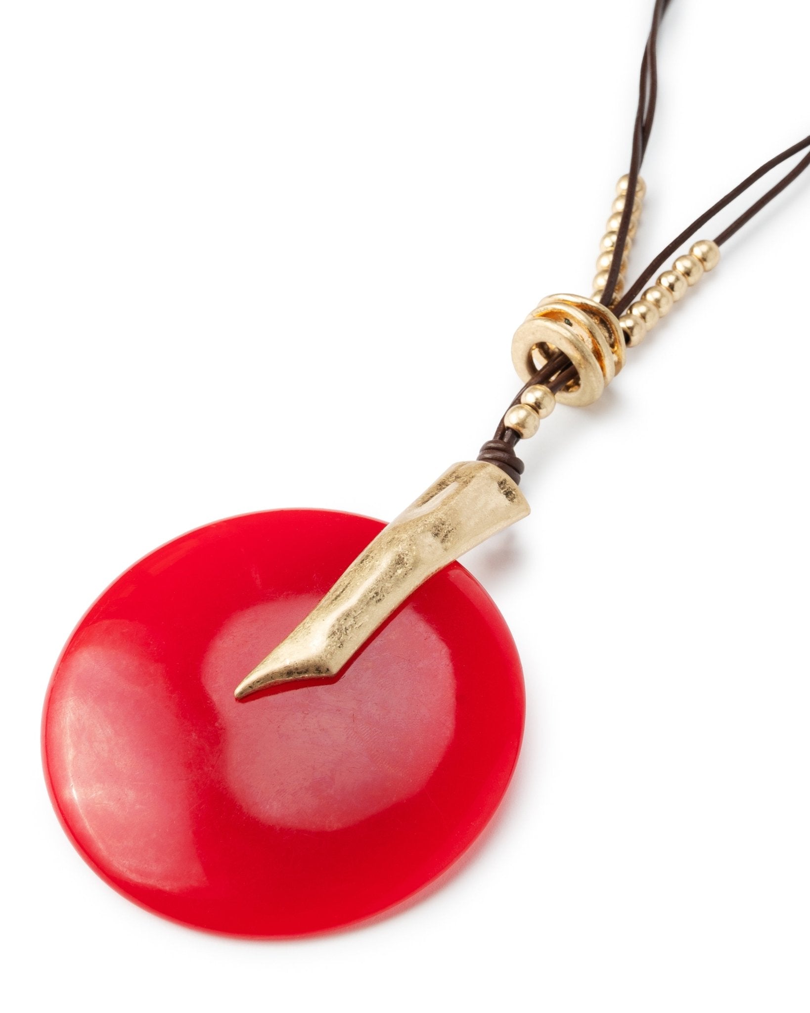 Collana lunga con laccio nero, pendente circolare in resina rosso - Mya Accessories