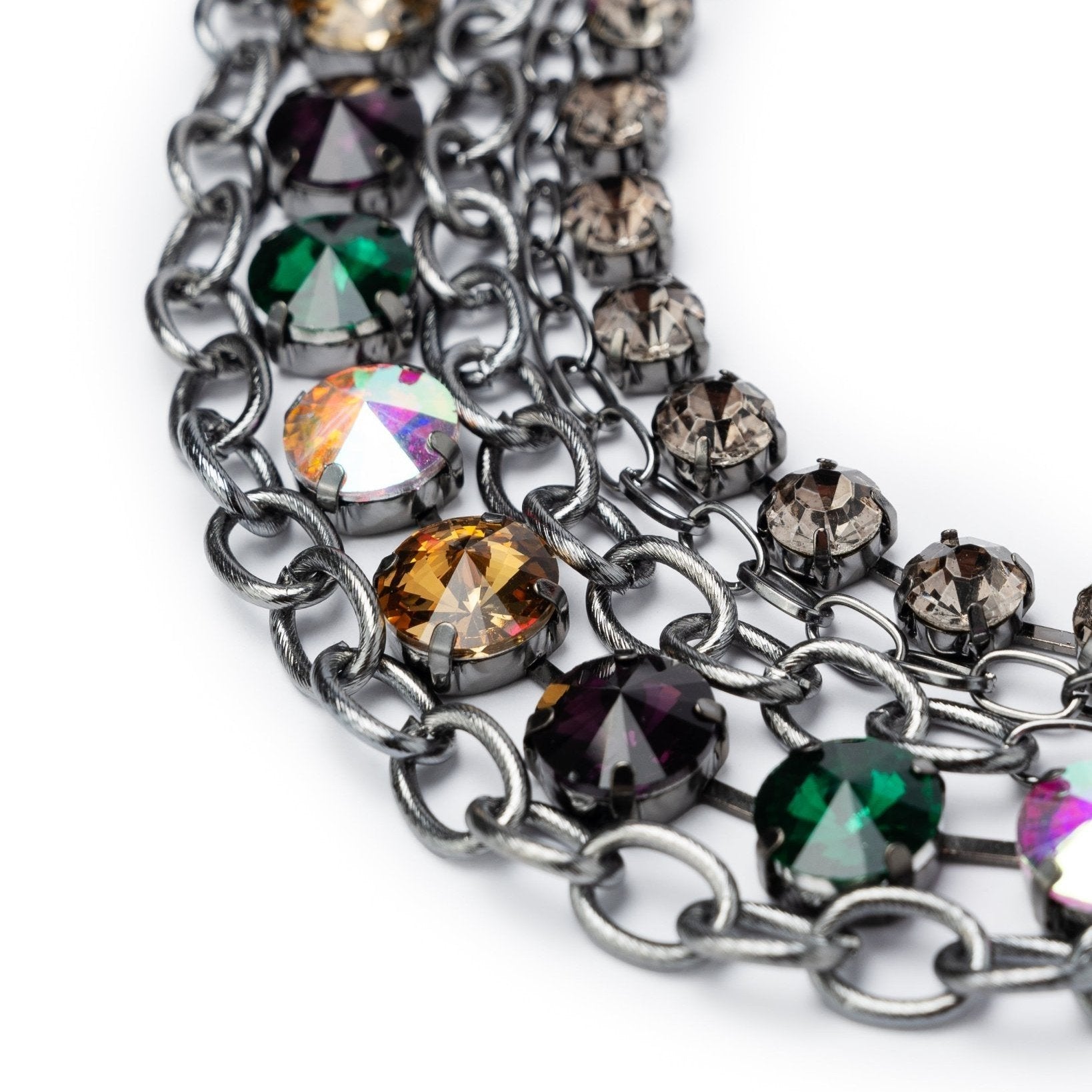 Collana in metallo gun con pietre in vetro verdi e viola - Mya Accessories