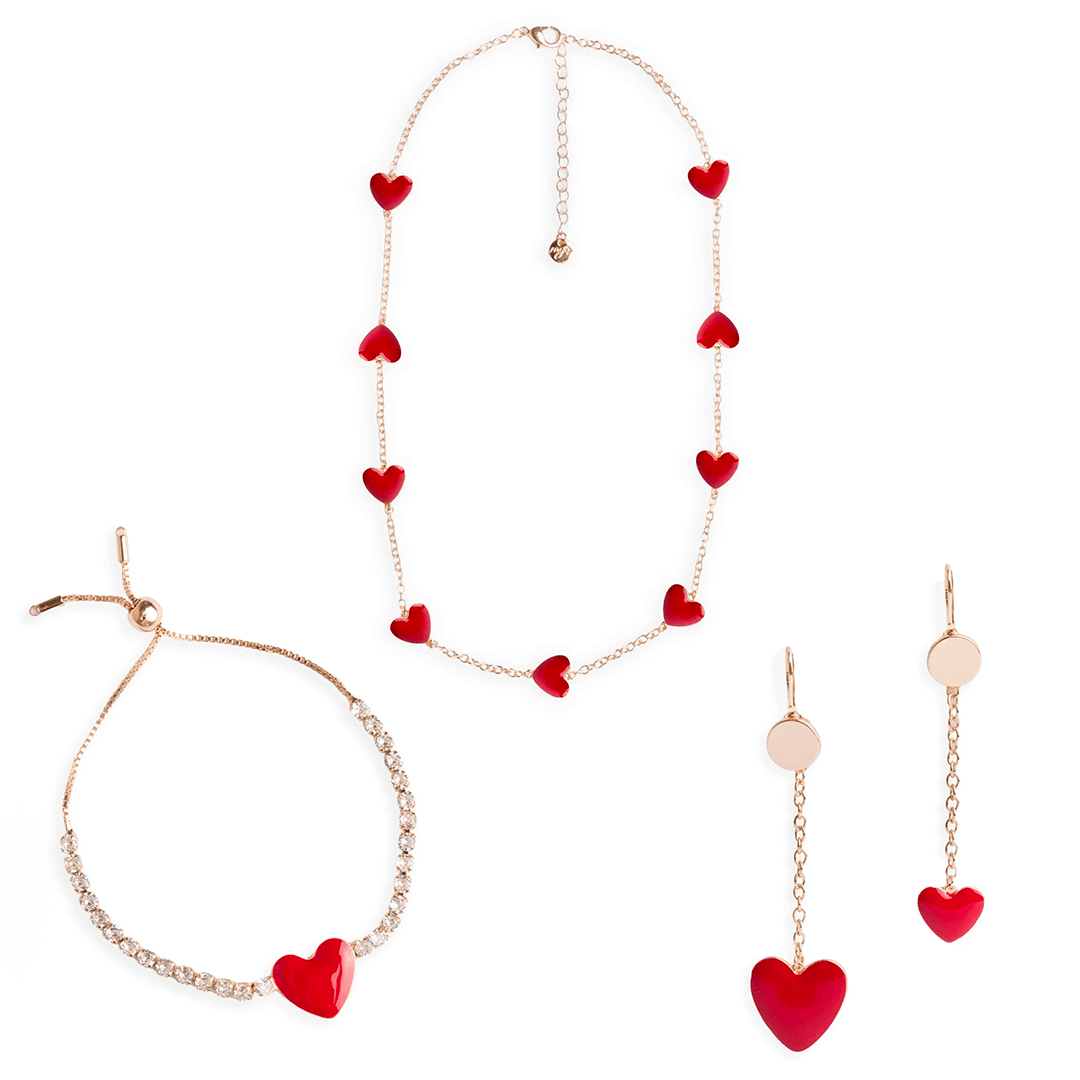 Parure collana bracciale e orecchini con cuore smaltato rosso - Mya Accessories