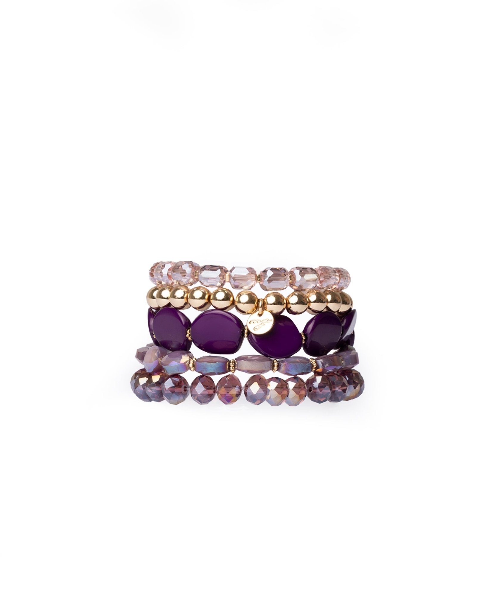 Bracciale elastico multilinee con pietre in vetro ed acrilico viola - Mya Accessories