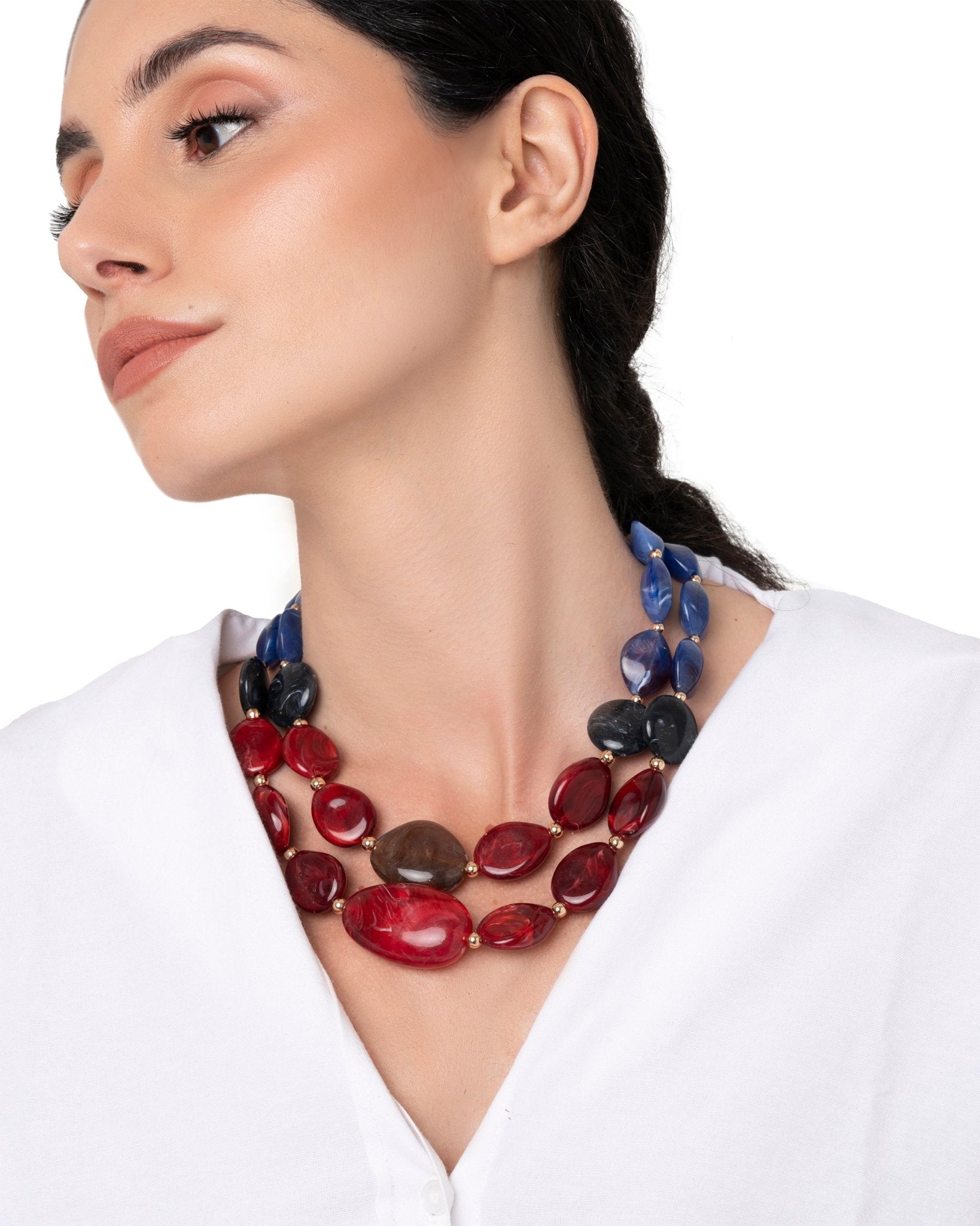 Collana girocollo con due linee di pietre schiacciate in acrilico rosso e blu - Mya Accessories