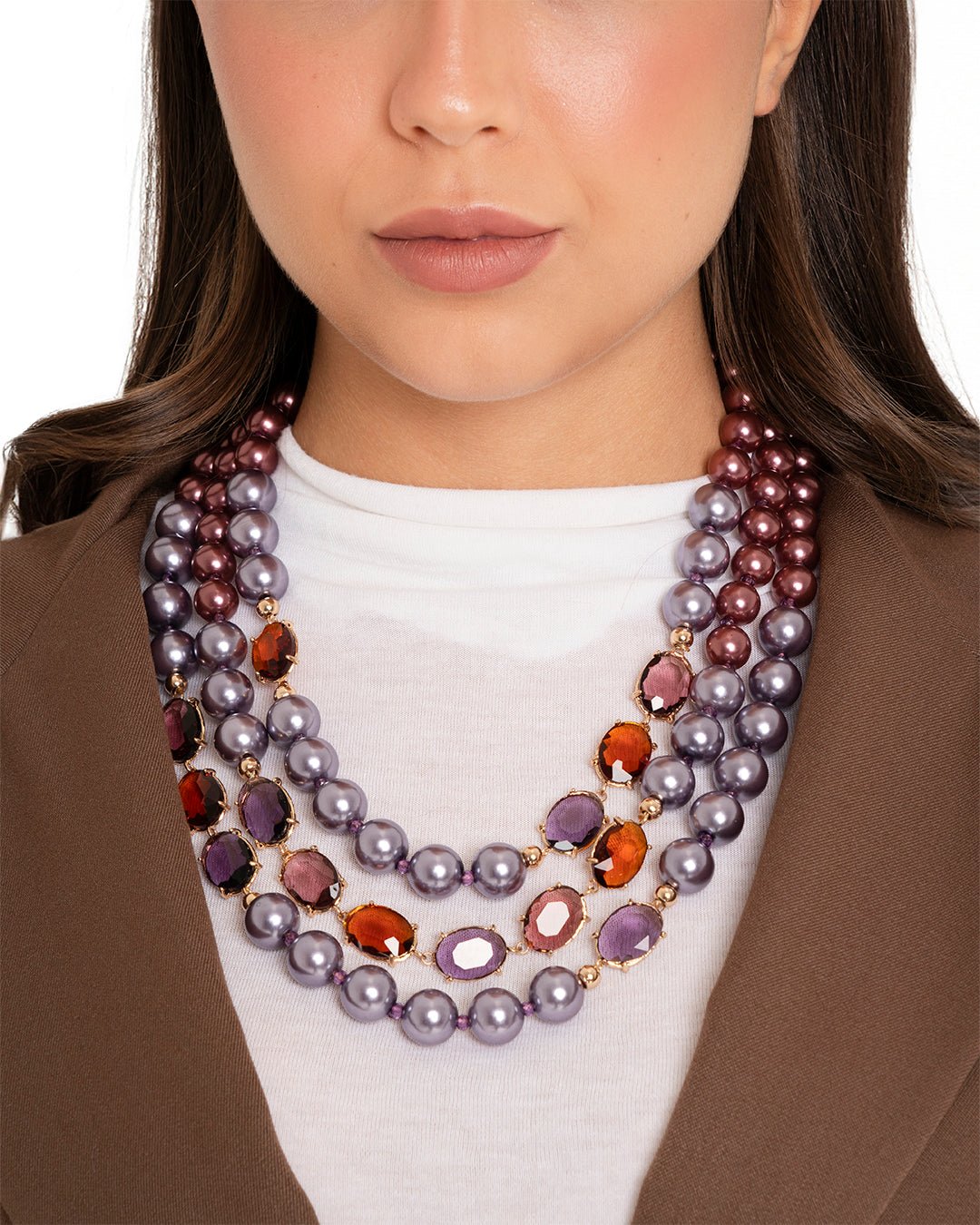 Collana girocollo multilinee con perle in acrilico viola ed ambra - Mya Accessories