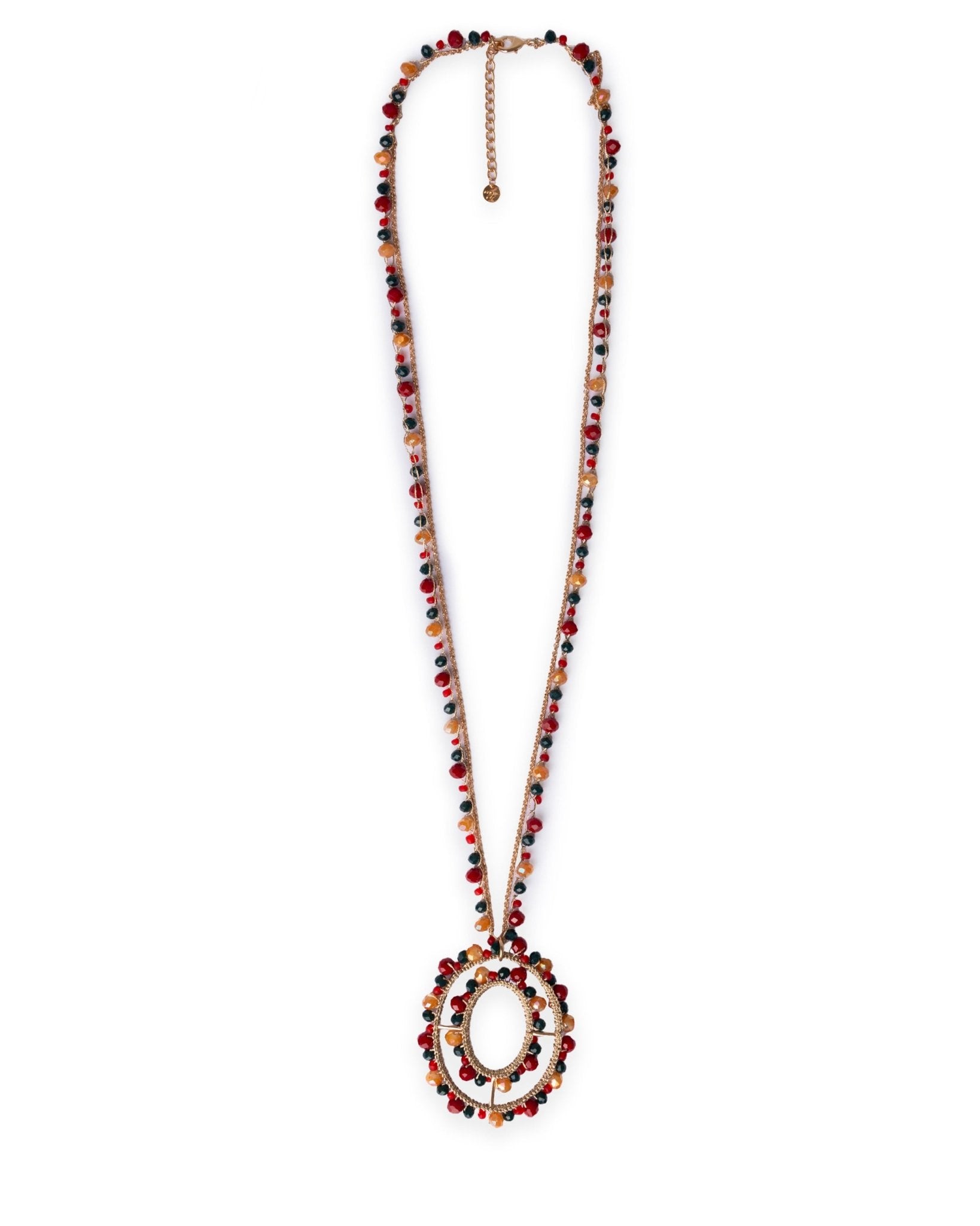 Collana lunga in tessuto con pendente, ricoperto di microcristalli in vetro marrone e rosso - Mya Accessories