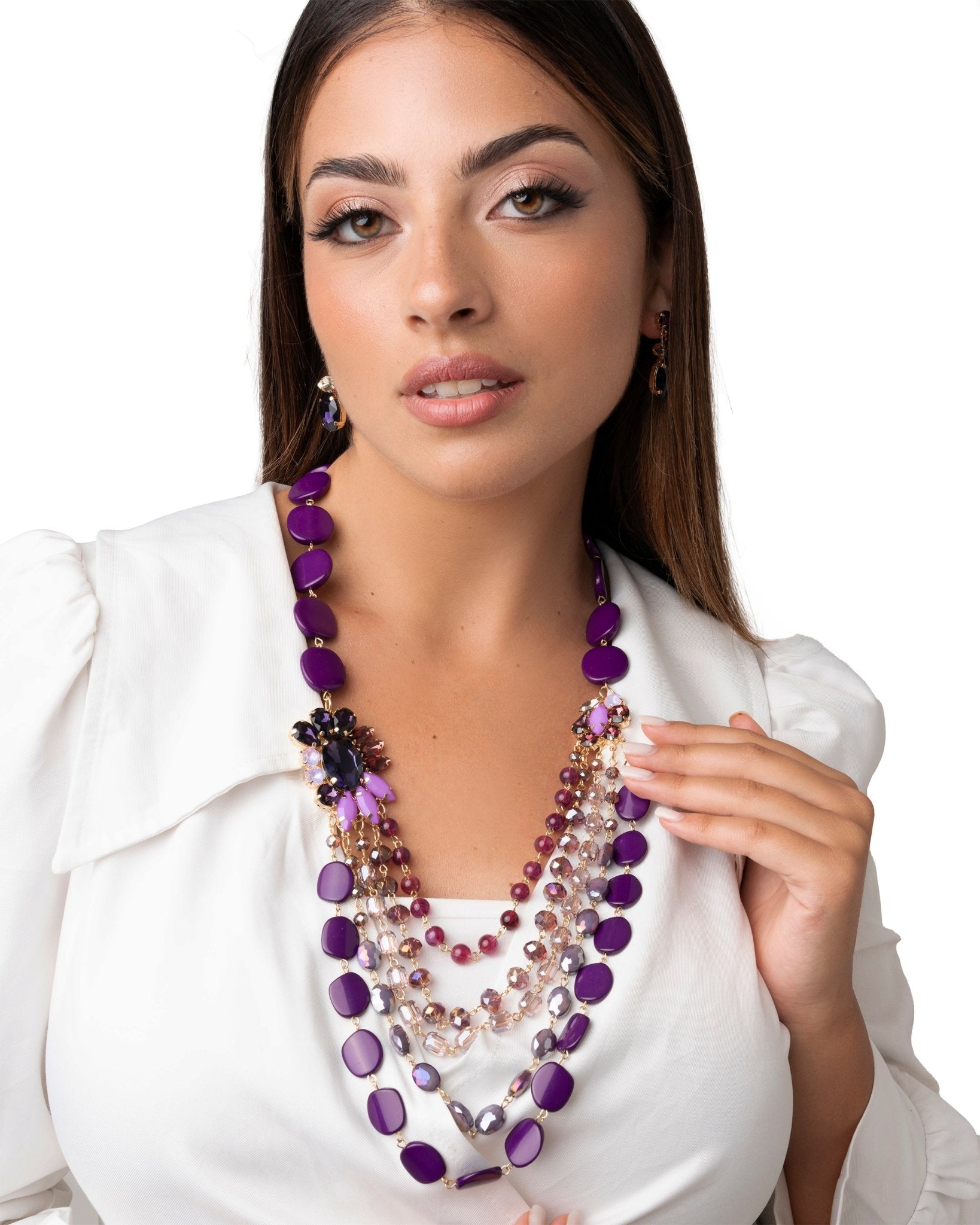 Collana multifilo con pietre in resina viola e fiore in vetro - Mya Accessories