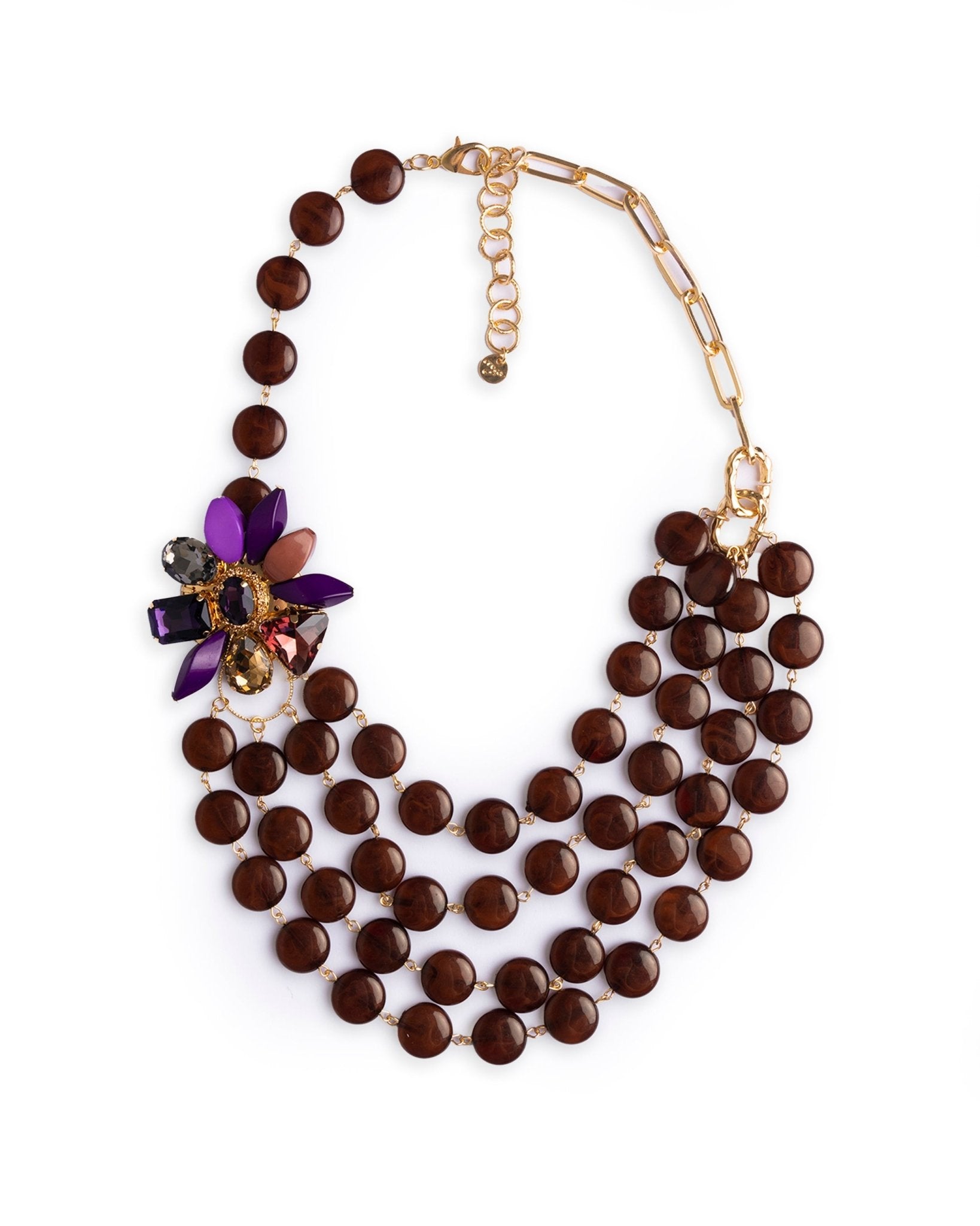 Collana multifilo con pietre schiacciate in resina e fiore in vetro tono viola e marrone - Mya Accessories