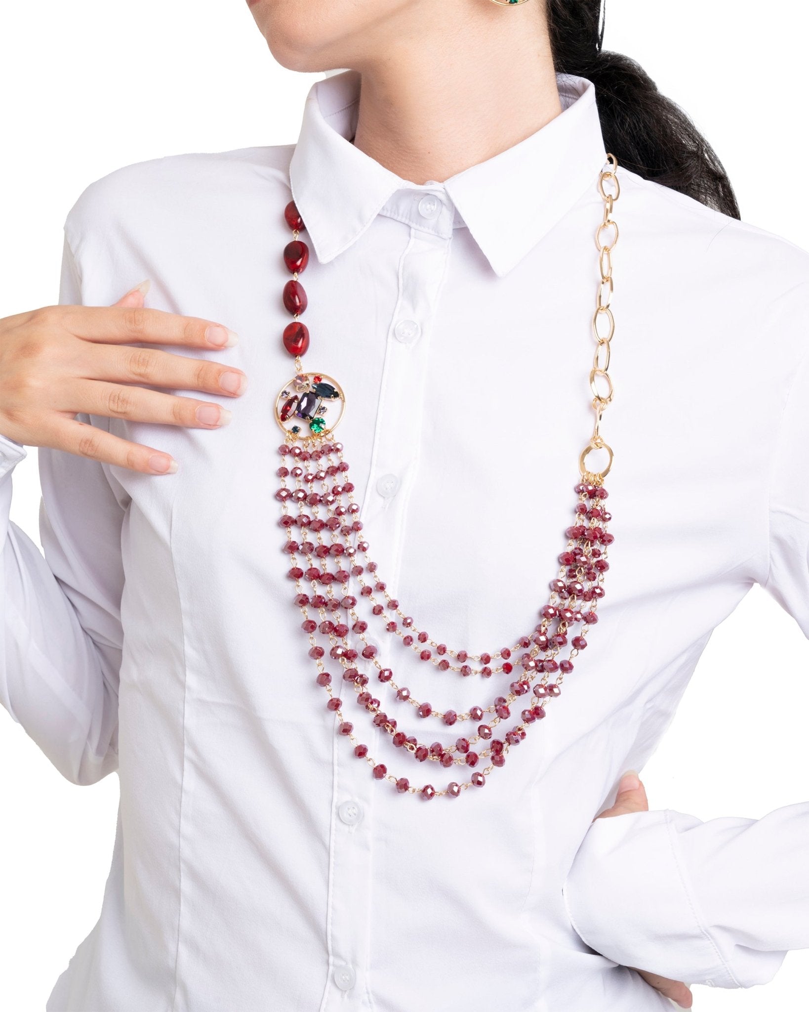 Collana multifilo in metallo con pietre in acrilico e vetro rosse - Mya Accessories