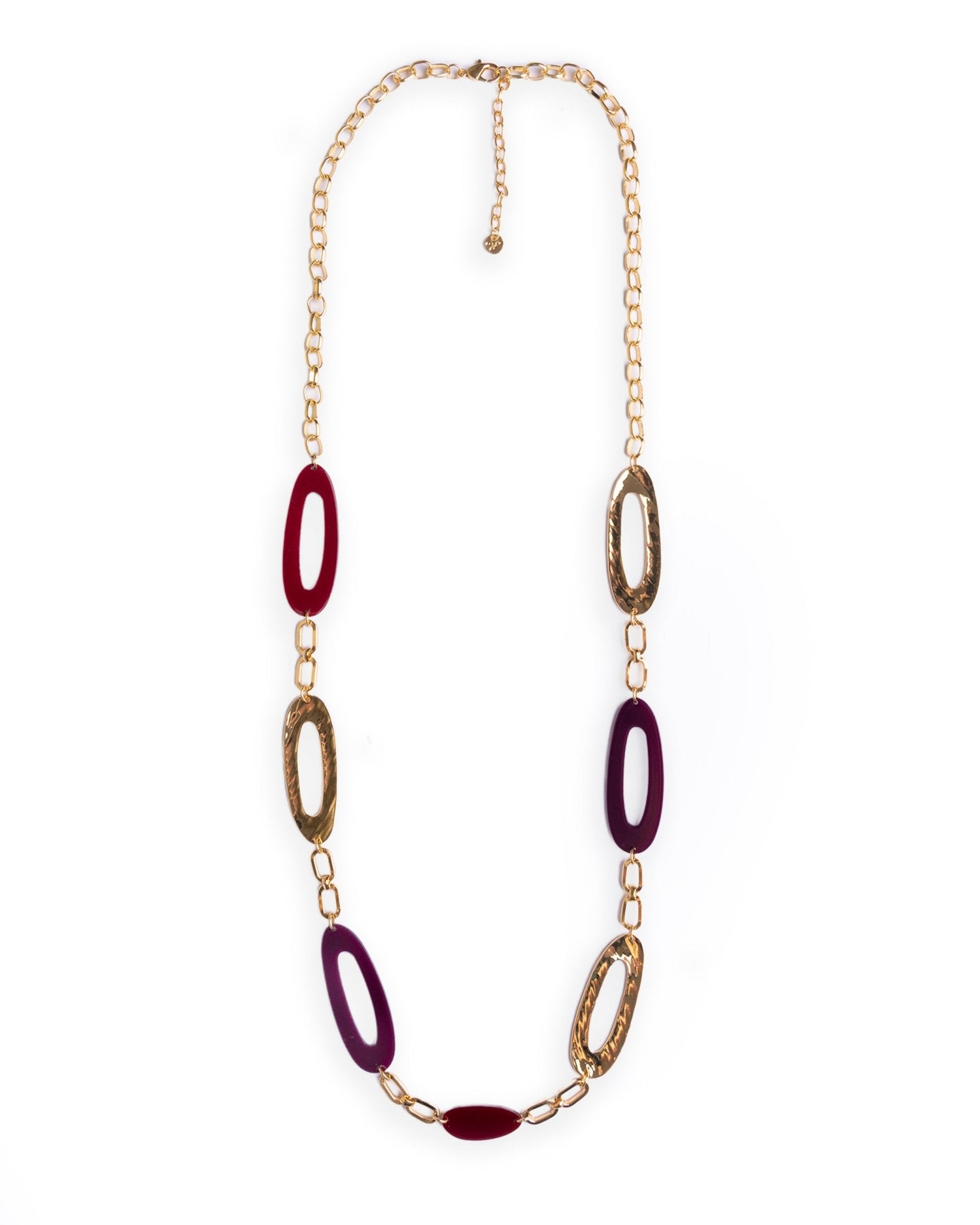 Collana lunga a catena con inserti ovali traforati in acrilico viola e rosso - Mya Accessories