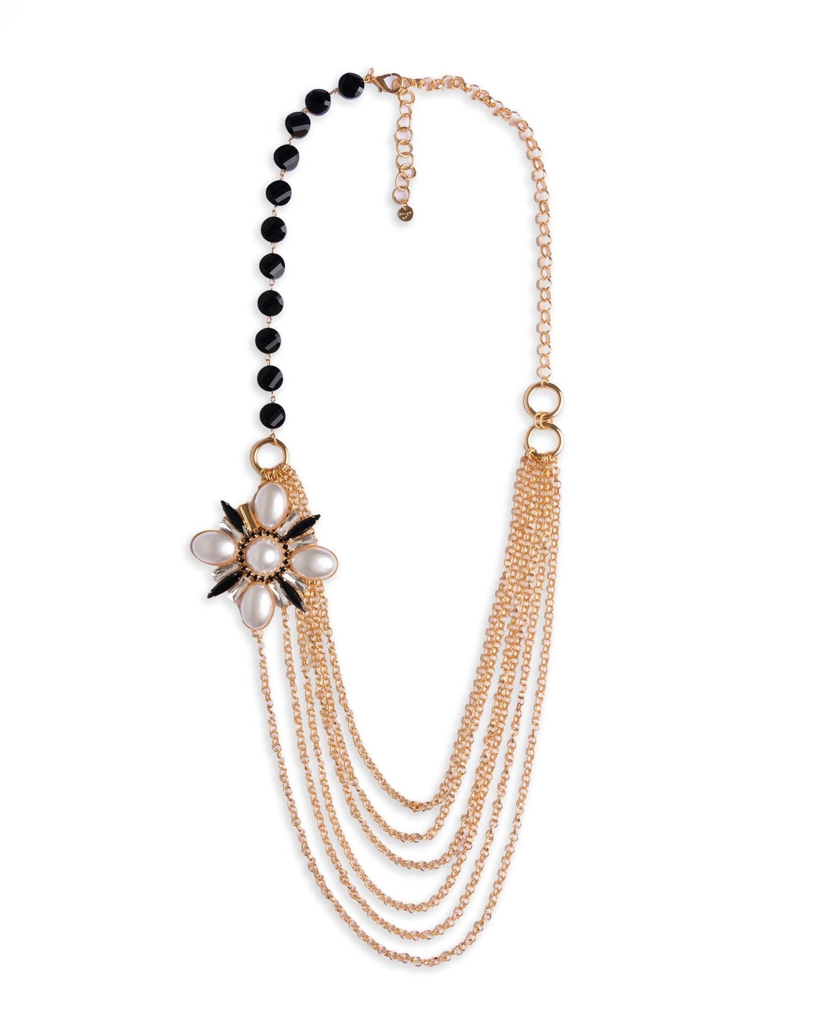 Collana multi catene con pietre nere e fiore con perle in vetro - Mya Accessories