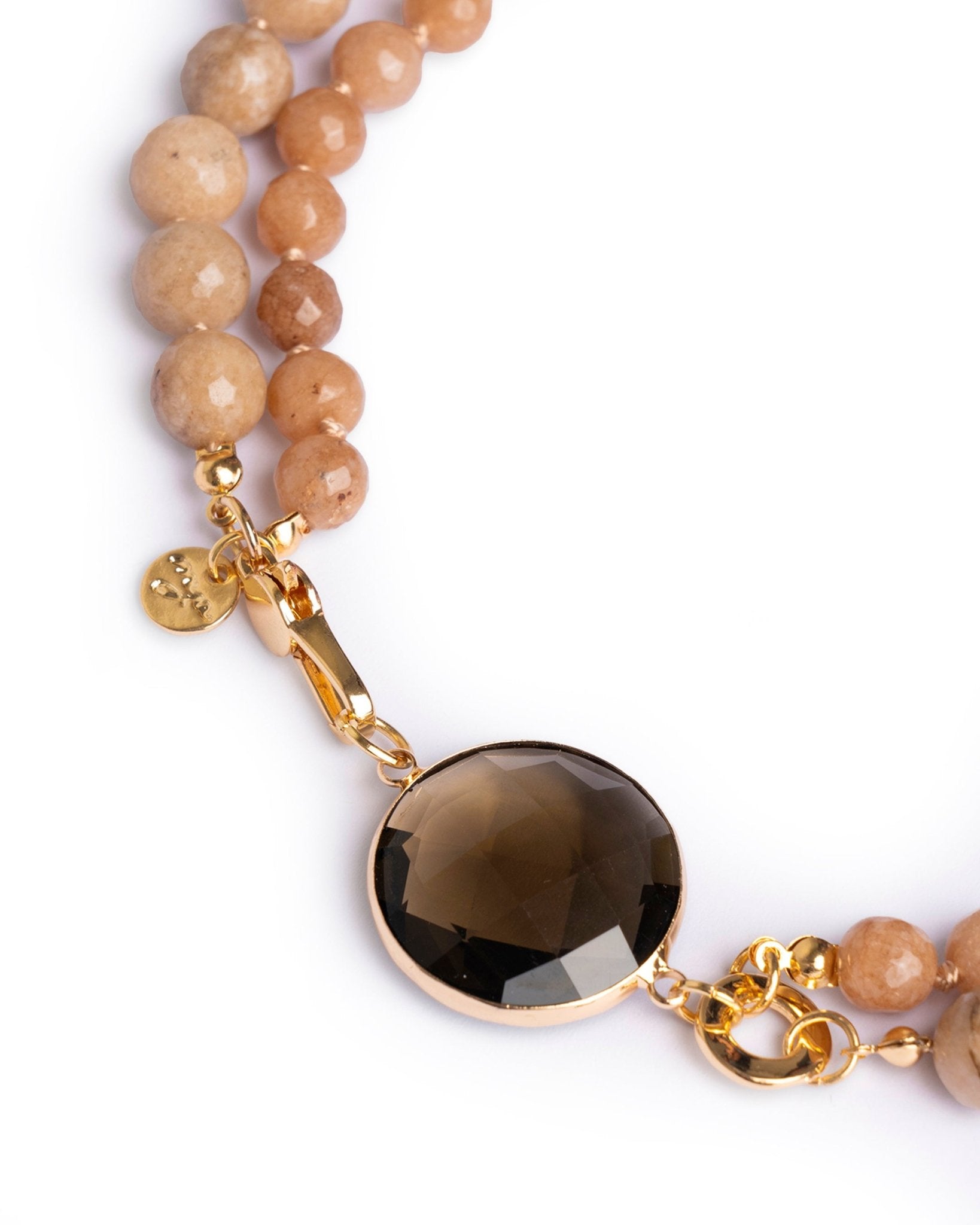 Collana girocollo con doppio filo di pietre dure beige, pendente circolare in vetro - Mya Accessories