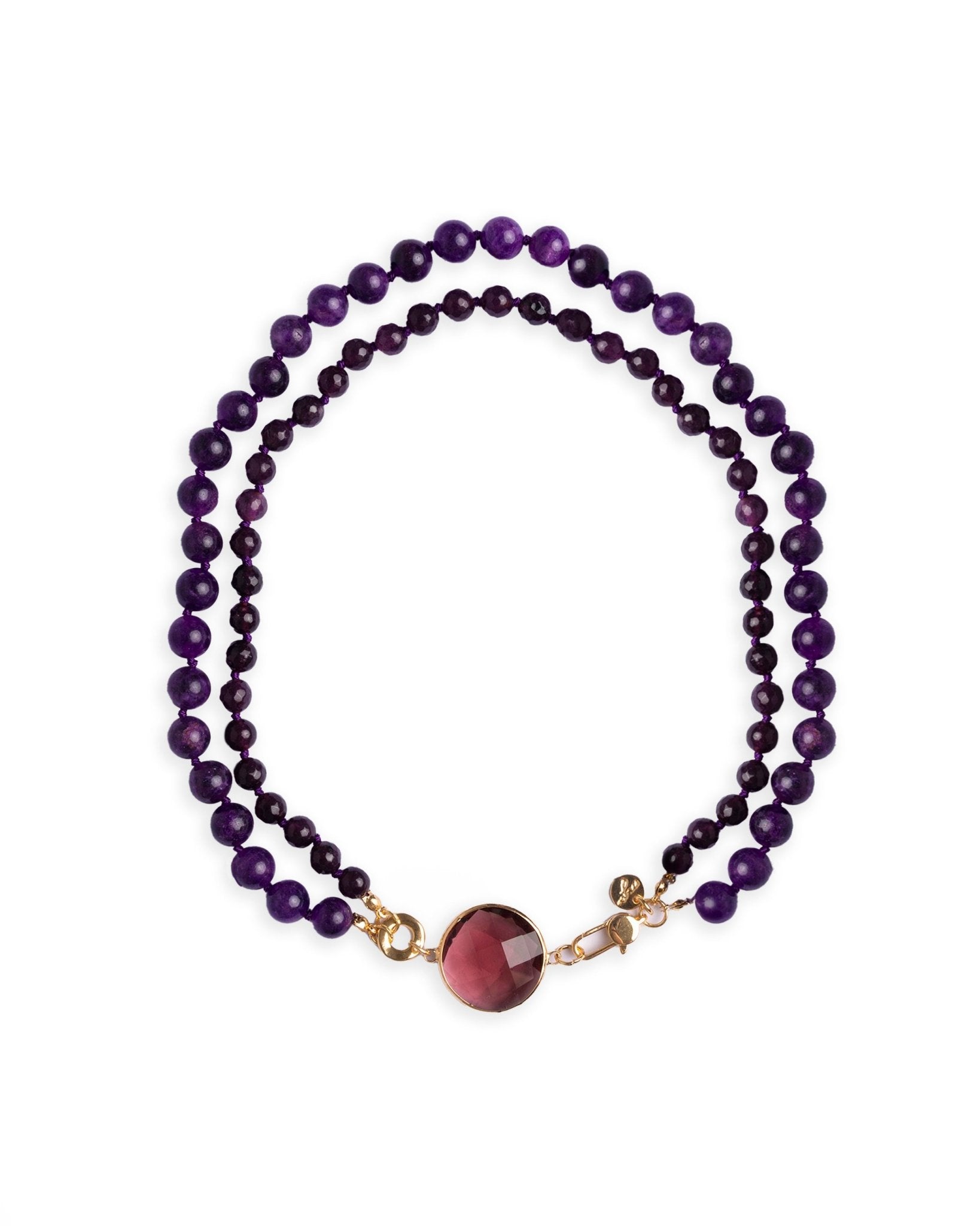 Collana girocollo con doppio filo di pietre dure viola, pendente circolare in vetro - Mya Accessories