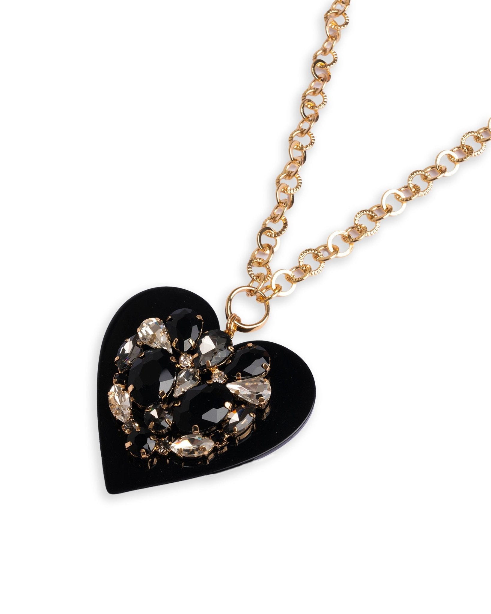 Collana lunga con pendente a forma di cuore in resina nero con strass neri - Mya Accessories