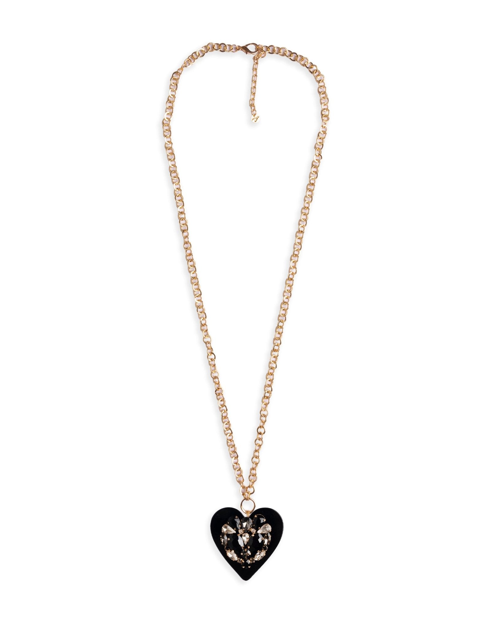 Collana lunga con pendente a forma di cuore in resina nero con strass neri - Mya Accessories