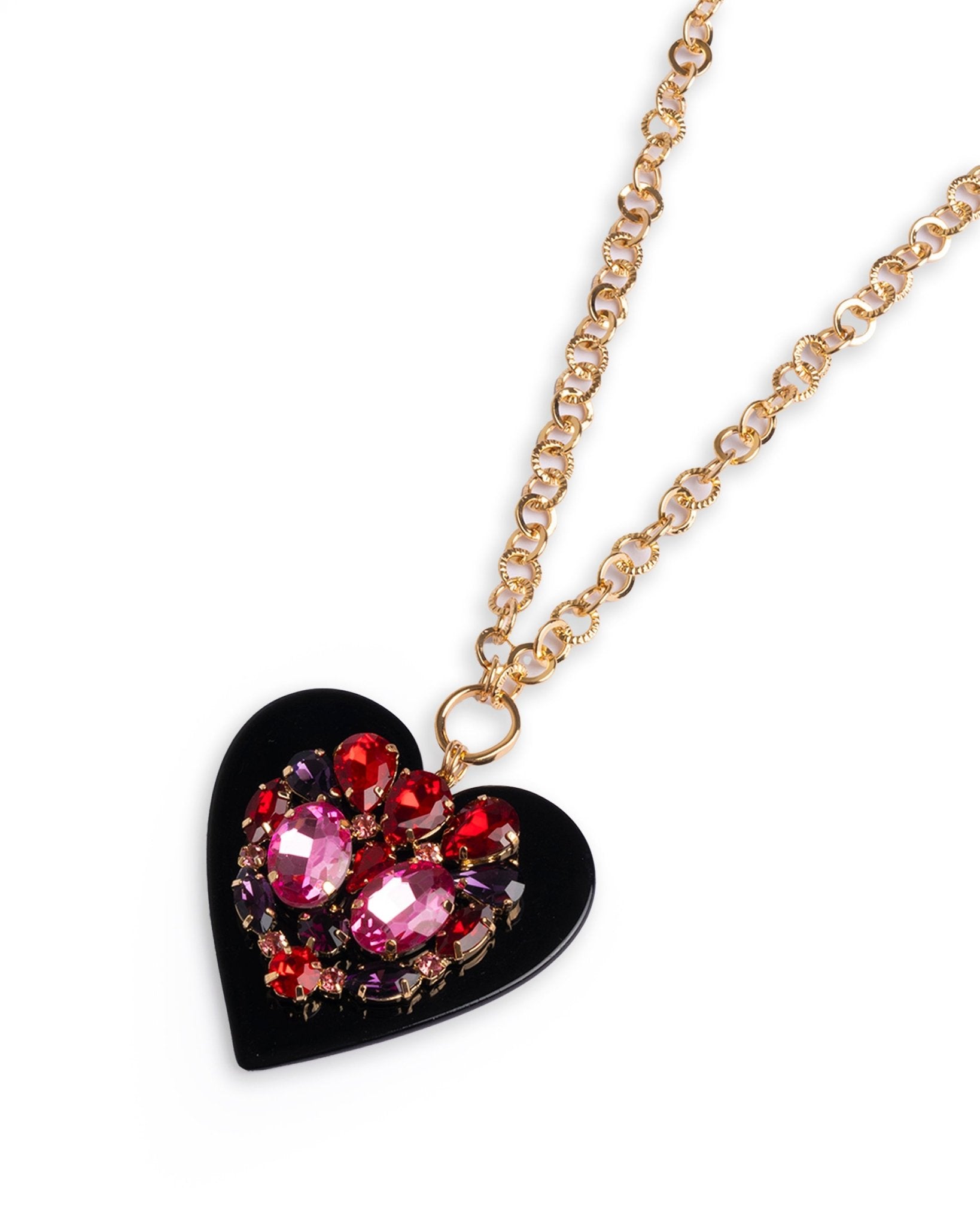 Collana lunga con pendente a forma di cuore in resina nero con strass rossi - Mya Accessories