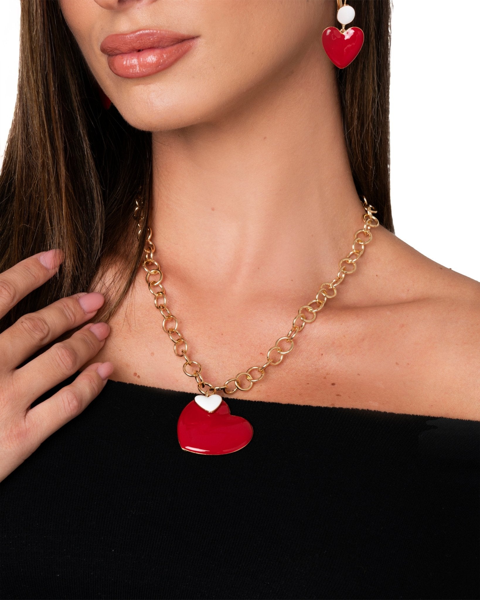 Collana girocollo a catena con pendente doppio cuore smaltato bianco e rosso - Mya Accessories