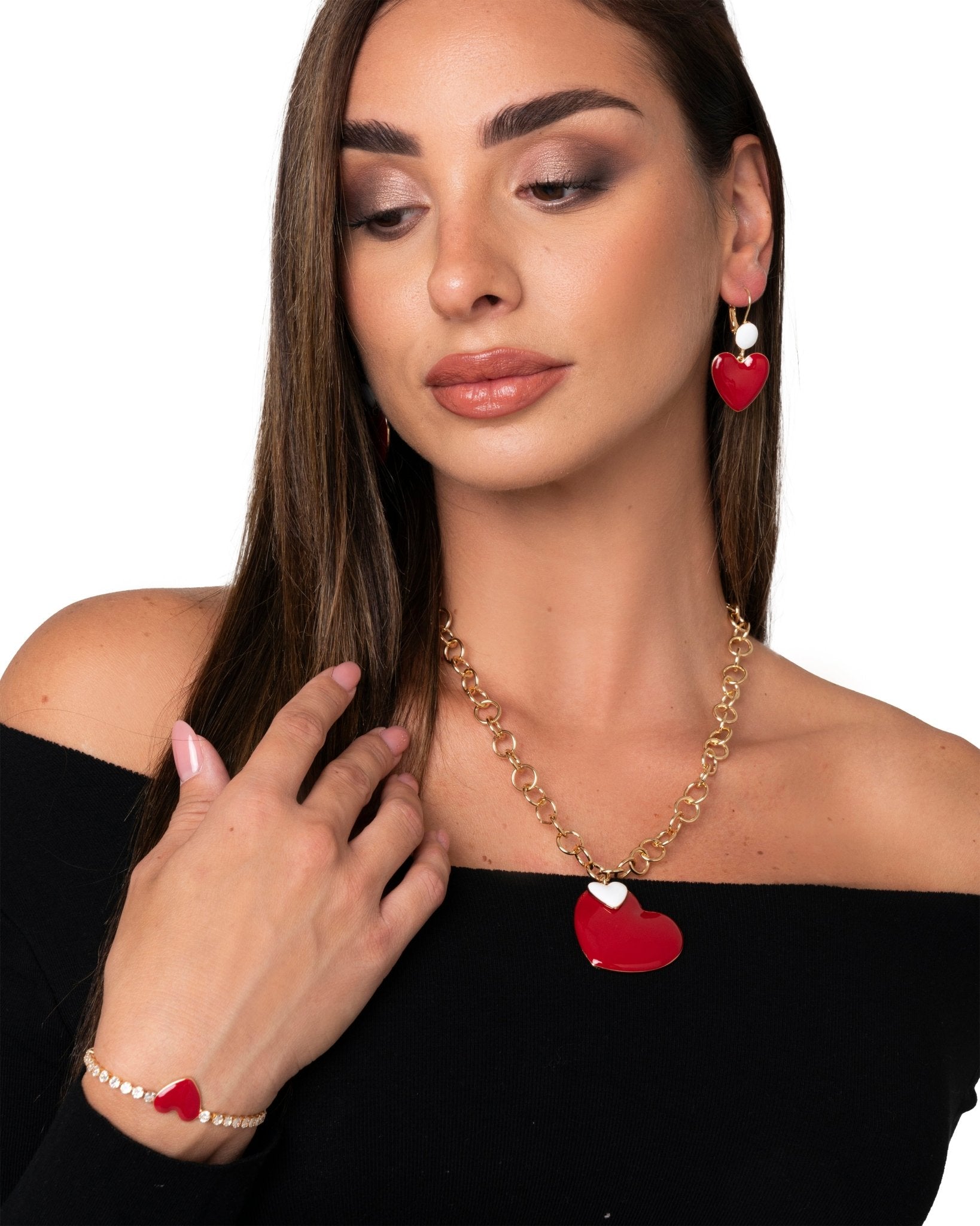 Collana girocollo a catena con pendente doppio cuore smaltato bianco e rosso - Mya Accessories