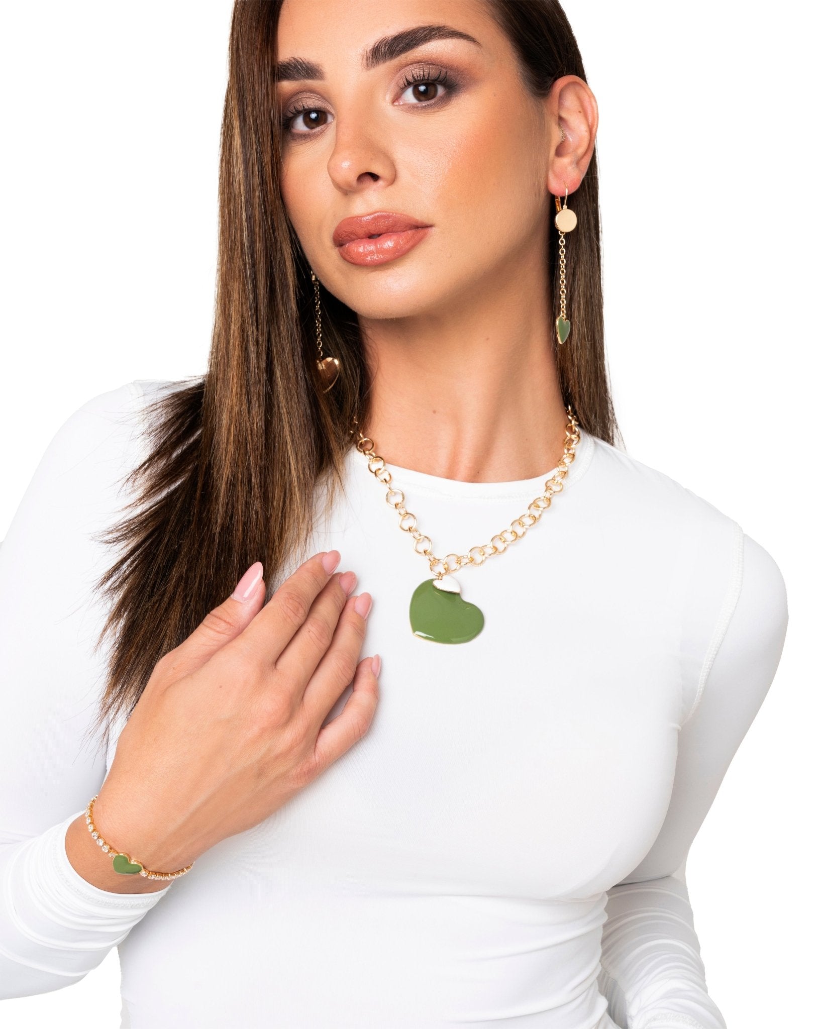 Collana girocollo a catena con pendente doppio cuore smaltato bianco e verde - Mya Accessories