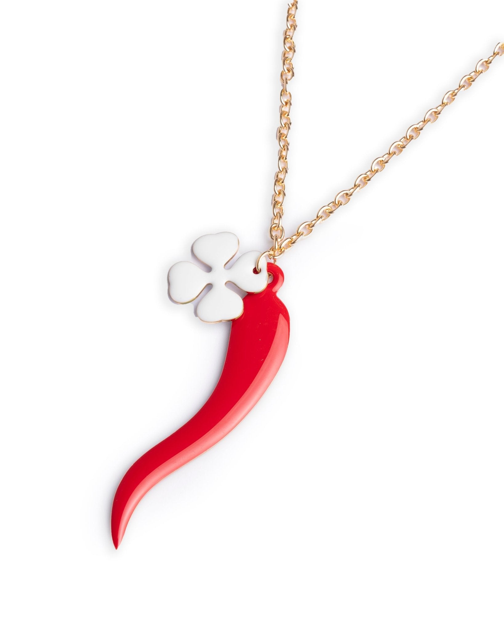 Collana lunga a catena con doppio pendente smaltato quadrifoglio bianco e corno rosso - Mya Accessories