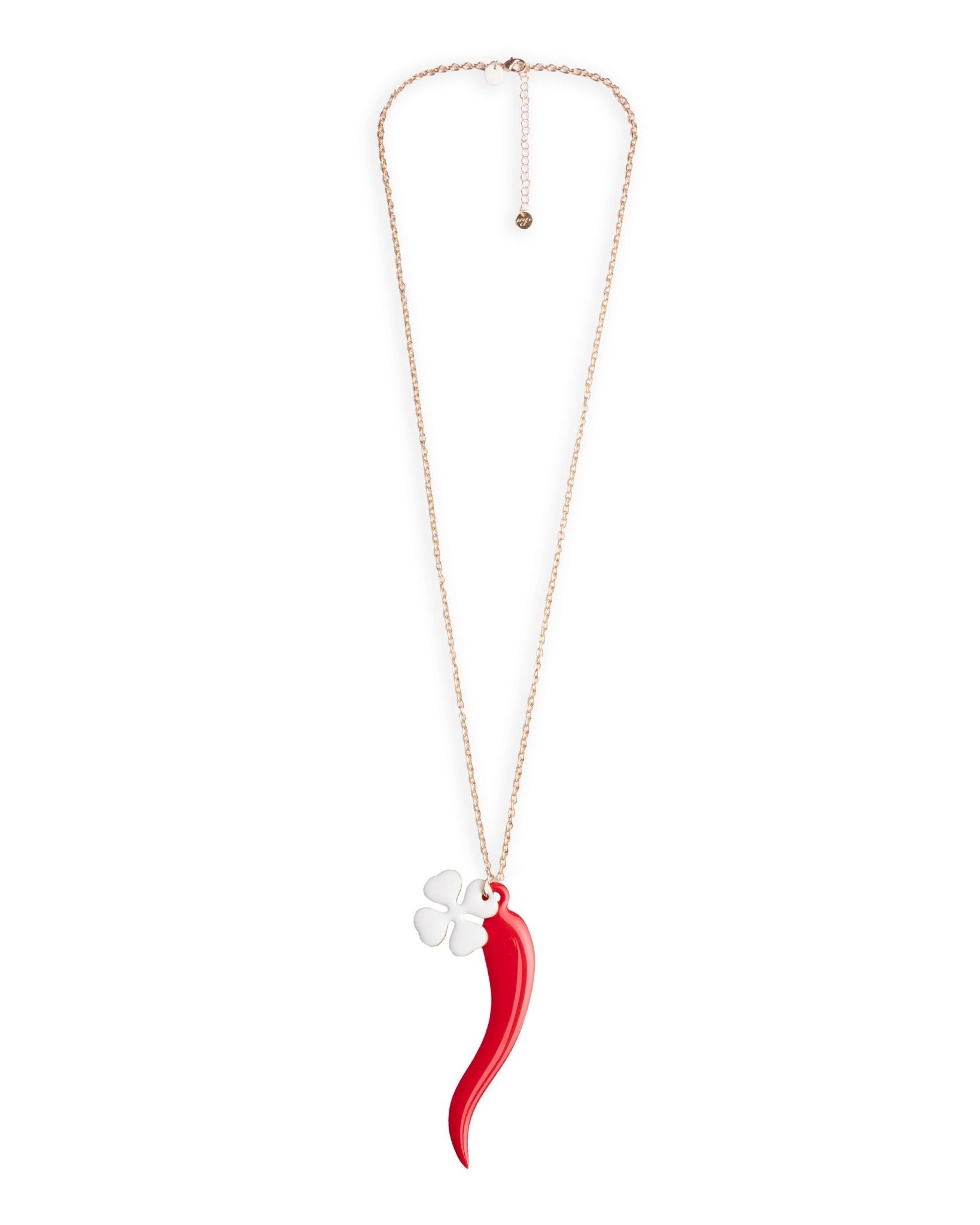 Collana lunga a catena con doppio pendente smaltato quadrifoglio bianco e corno rosso - Mya Accessories