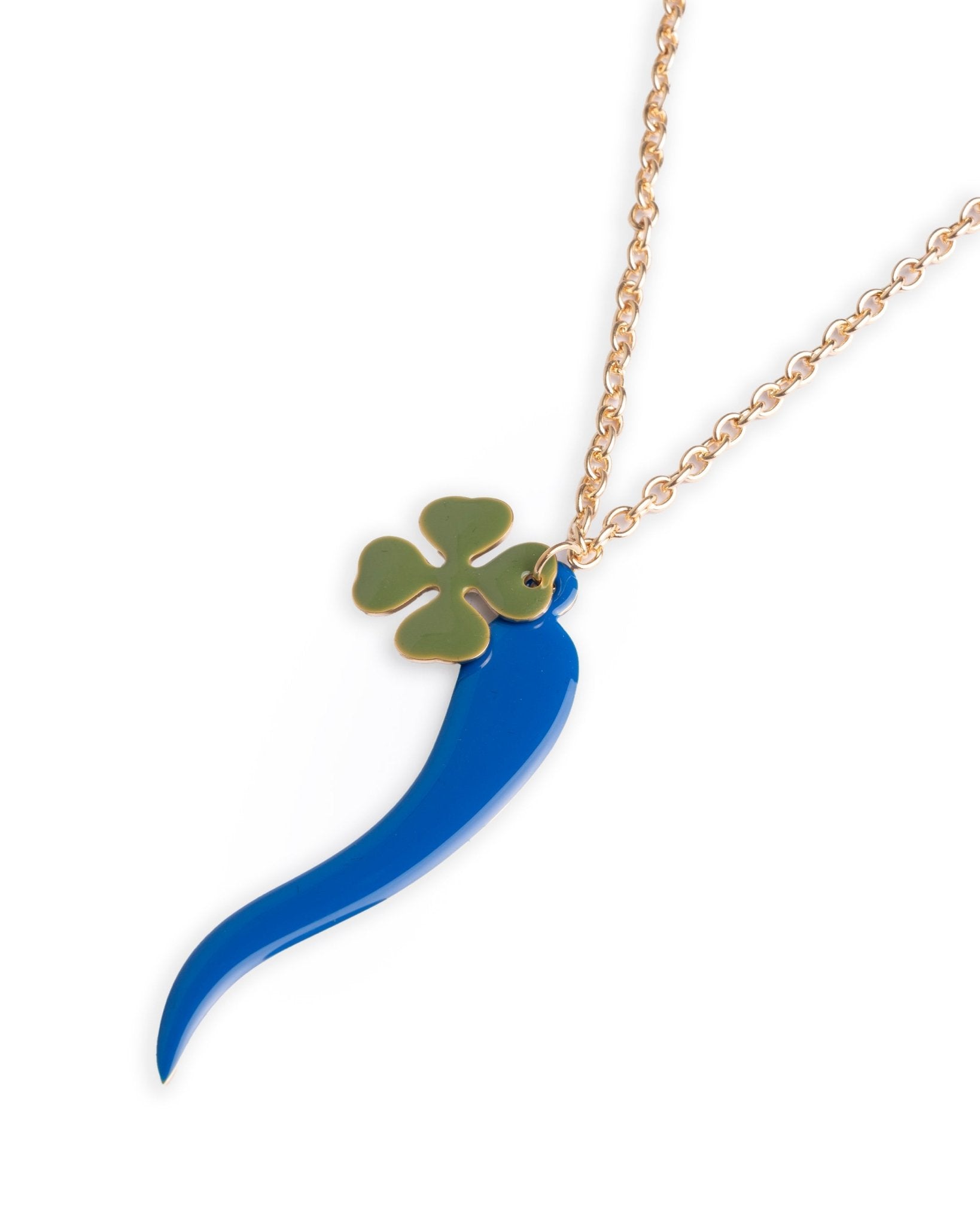 Collana lunga a catena con doppio pendente smaltato quadrifoglio verde e corno blu - Mya Accessories