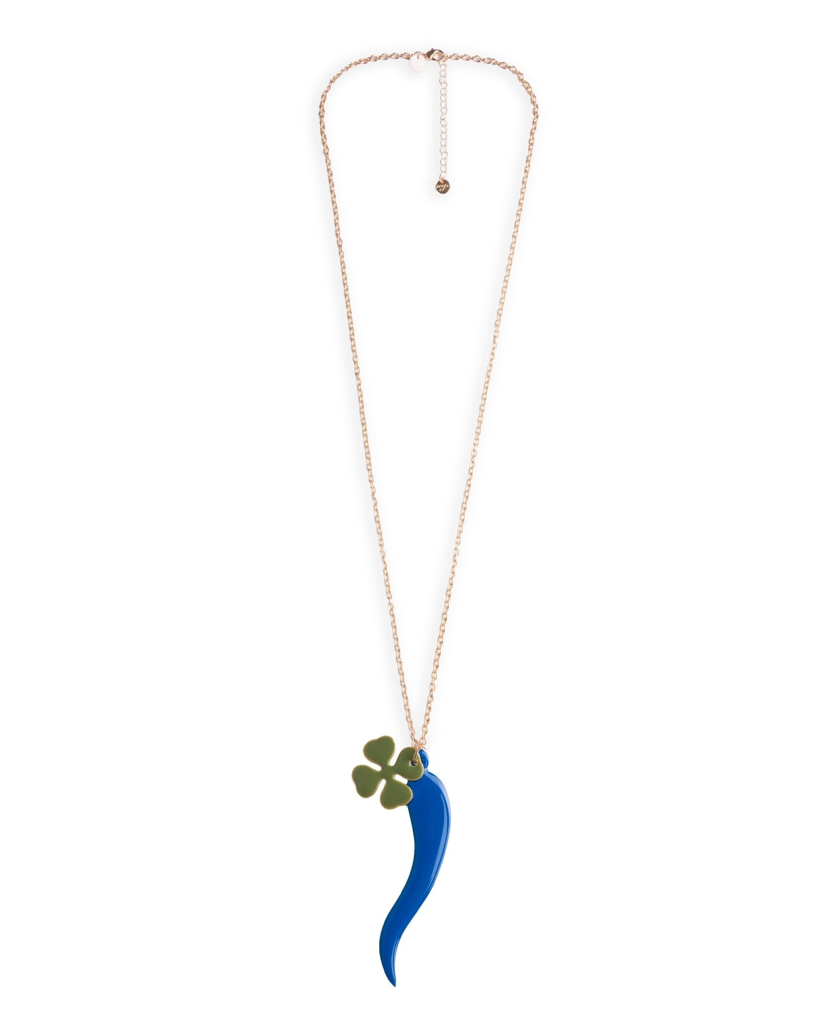 Collana lunga a catena con doppio pendente smaltato quadrifoglio verde e corno blu - Mya Accessories