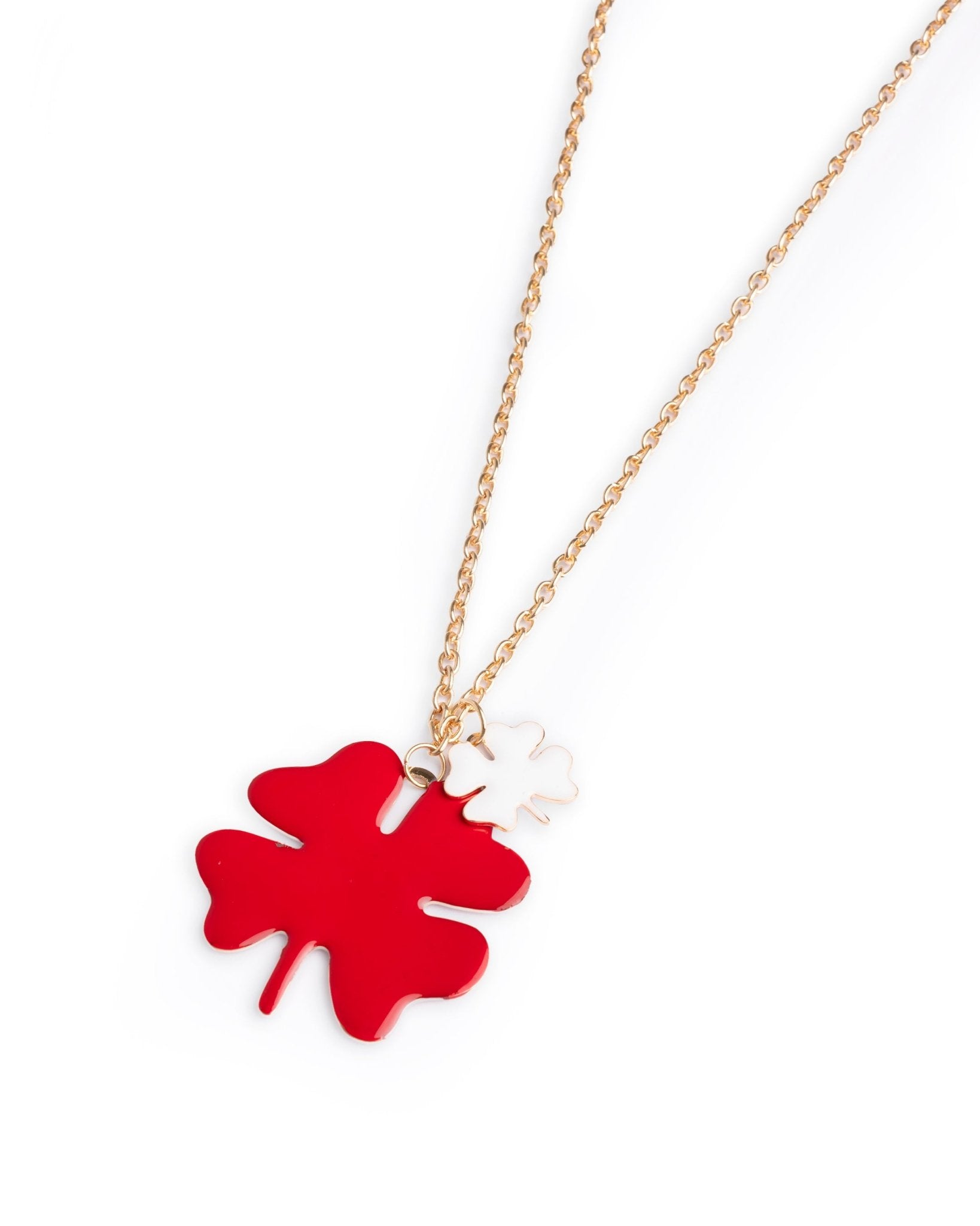 Collana lunga a catena con doppio pendente smaltato quadrifoglio bianco e rosso - Mya Accessories