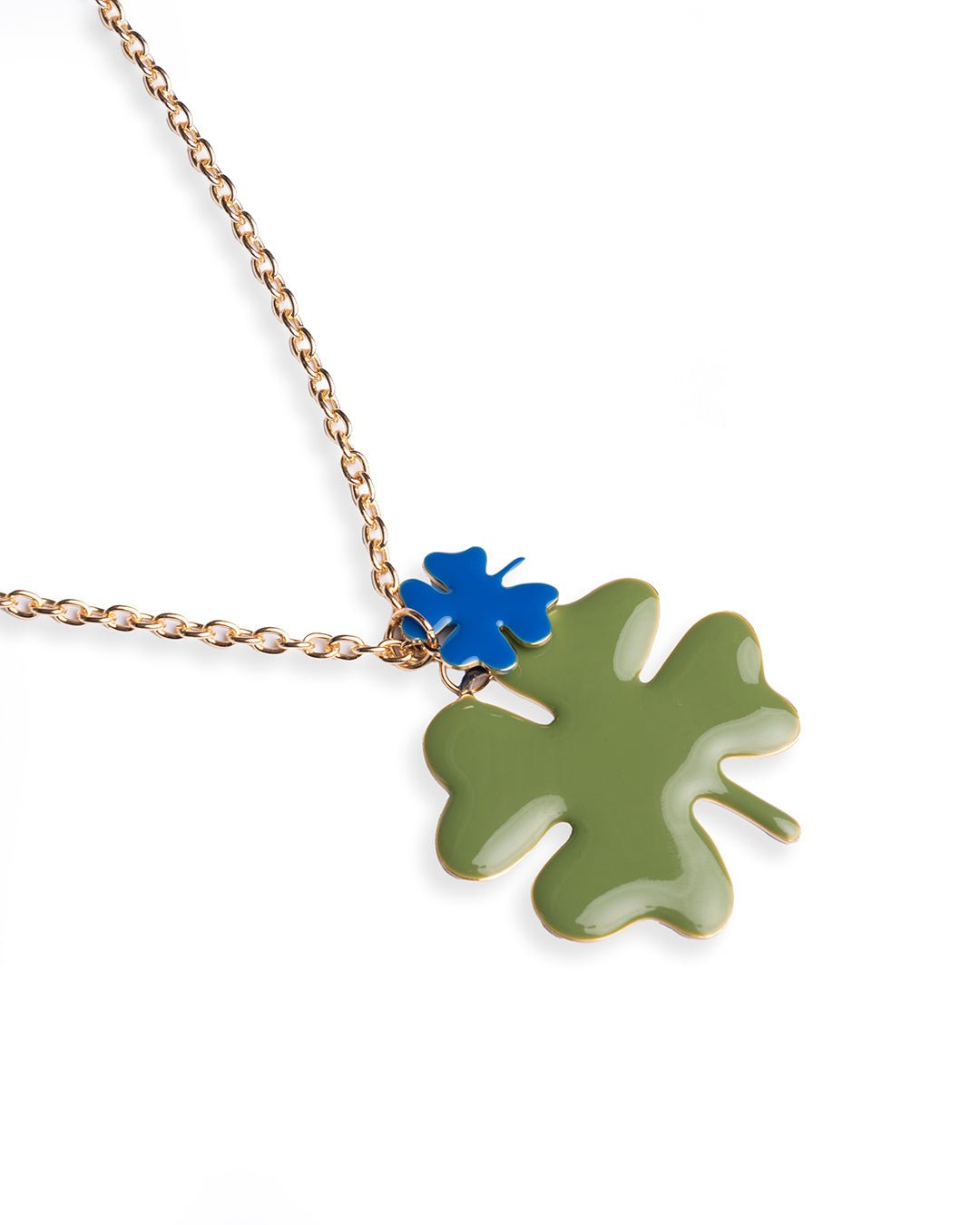 Collana lunga a catena con doppio pendente smaltato quadrifoglio blu e verde - Mya Accessories