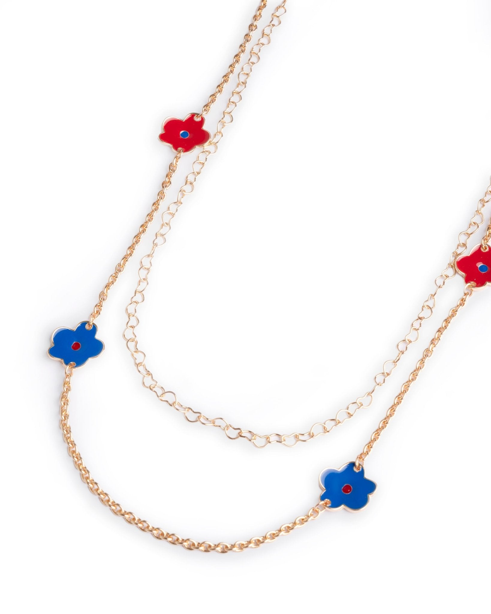 Collana lunga a catena doppio filo con fiori smaltati blu e rossi - Mya Accessories