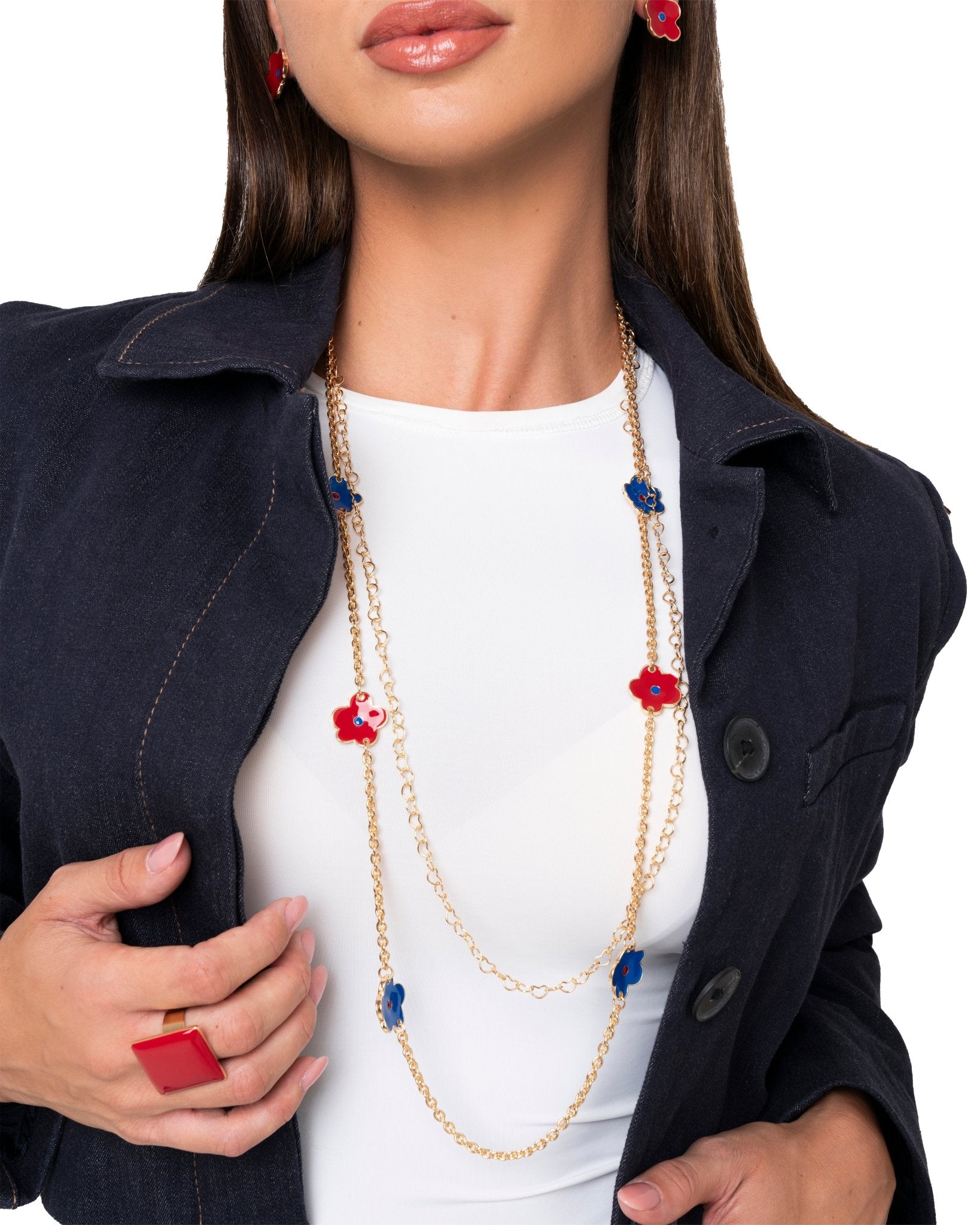 Collana lunga a catena doppio filo con fiori smaltati blu e rossi - Mya Accessories