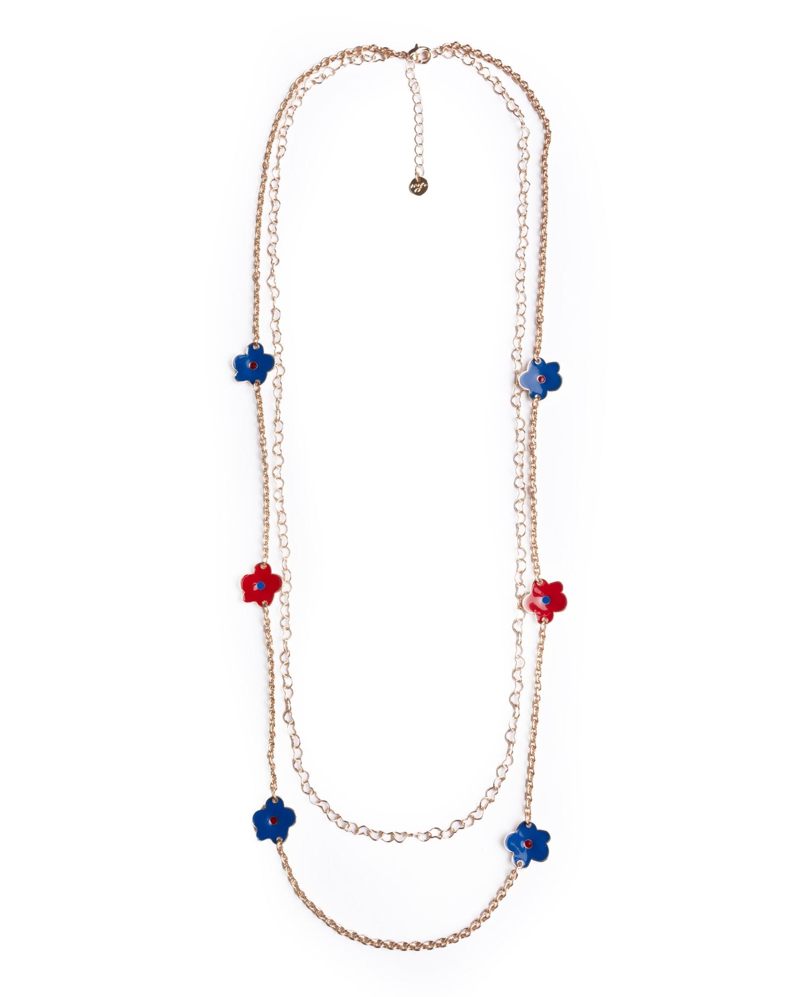 Collana lunga a catena doppio filo con fiori smaltati blu e rossi - Mya Accessories