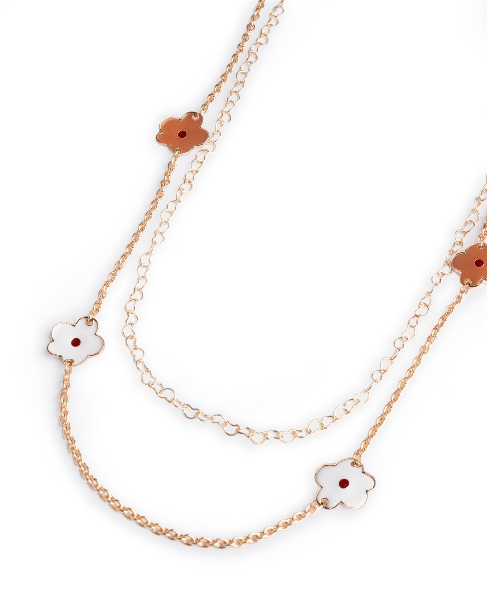 Collana lunga a catena doppio filo con fiori smaltati bianchi e beige - Mya Accessories