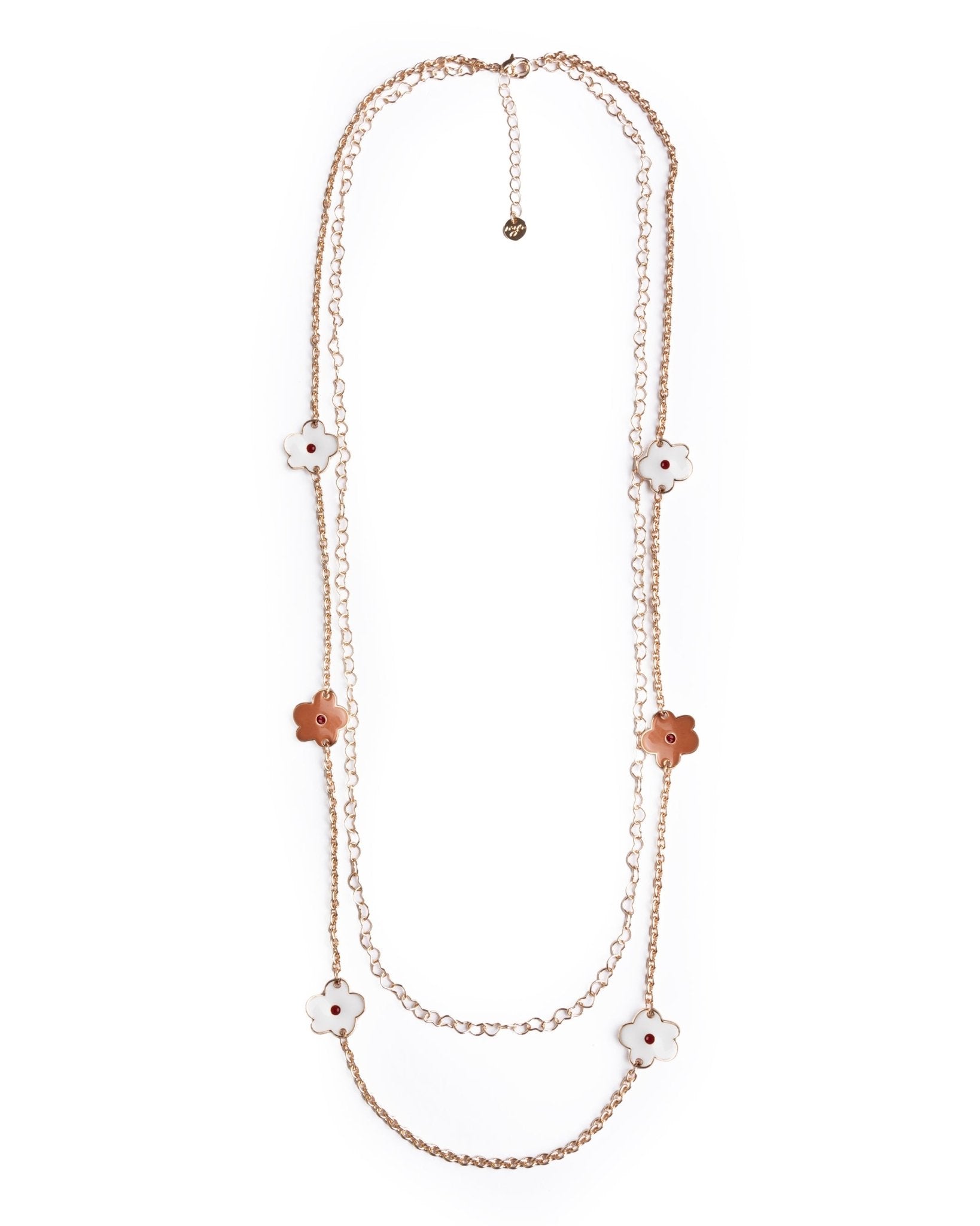 Collana lunga a catena doppio filo con fiori smaltati bianchi e beige - Mya Accessories