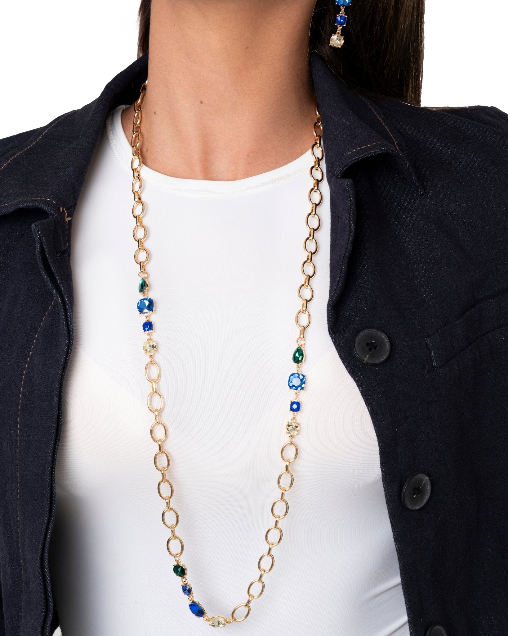 Collana lunga a catena con pietre in vetro tono blu - Mya Accessories