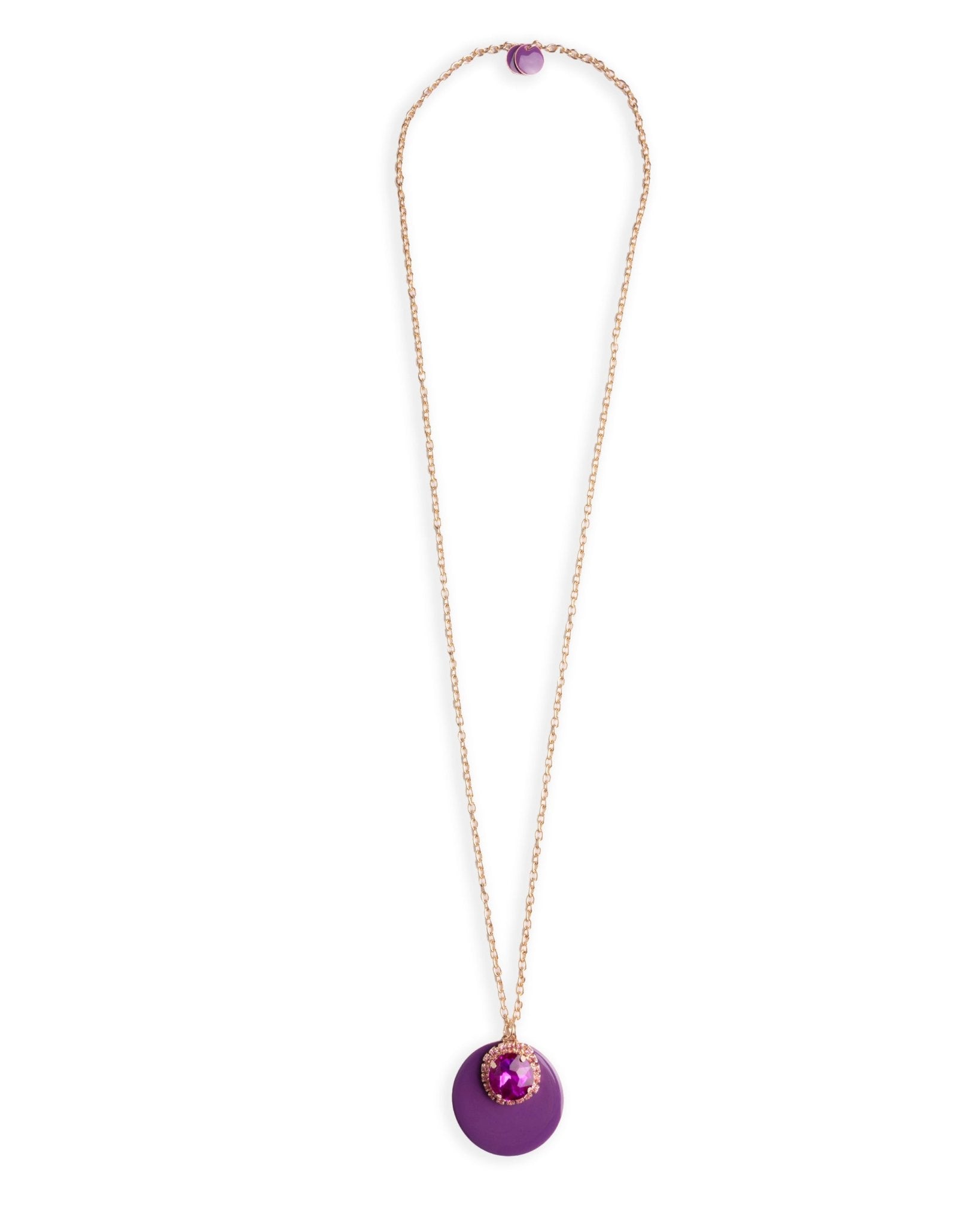 Collana lunga in acciaio con doppio pendente smaltato ed in vetro viola - Mya Accessories