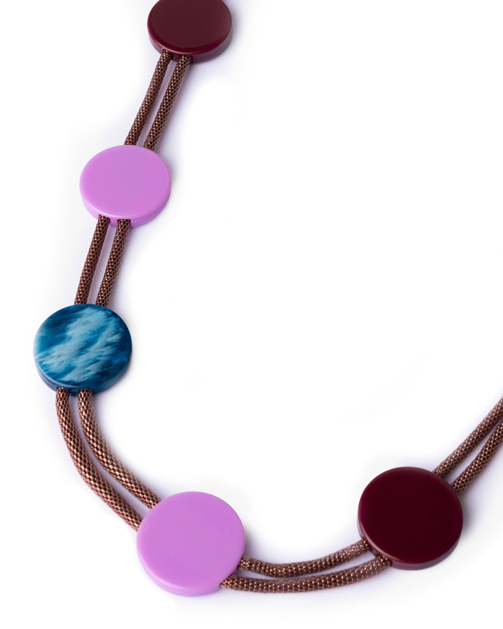 Collana laccio bronzato con inserti circolari in acrilico multicolore - Mya Accessories