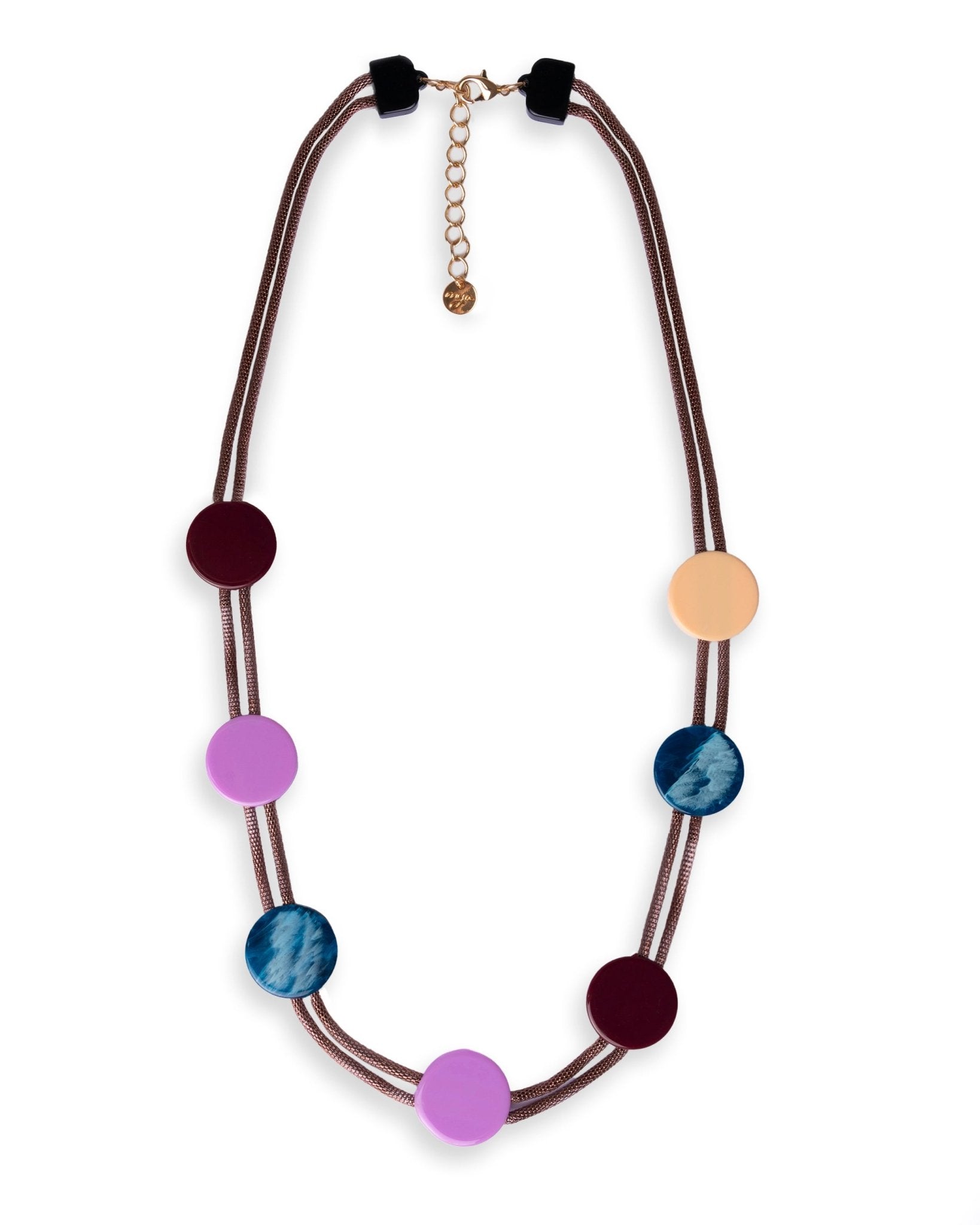 Collana laccio bronzato con inserti circolari in acrilico multicolore - Mya Accessories