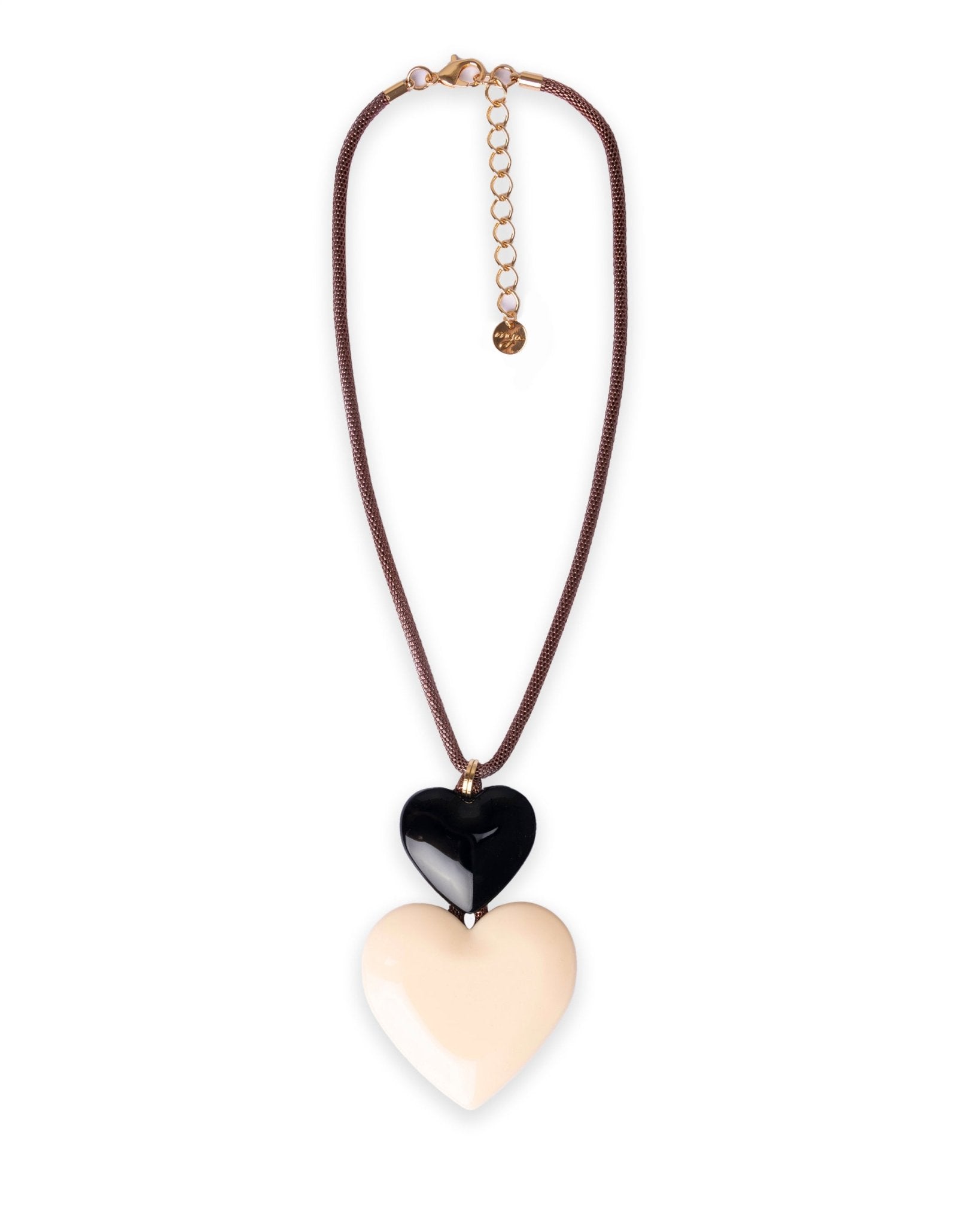 Collana con laccio bronzato con pendente a doppio cuore bianco e nero - Mya Accessories