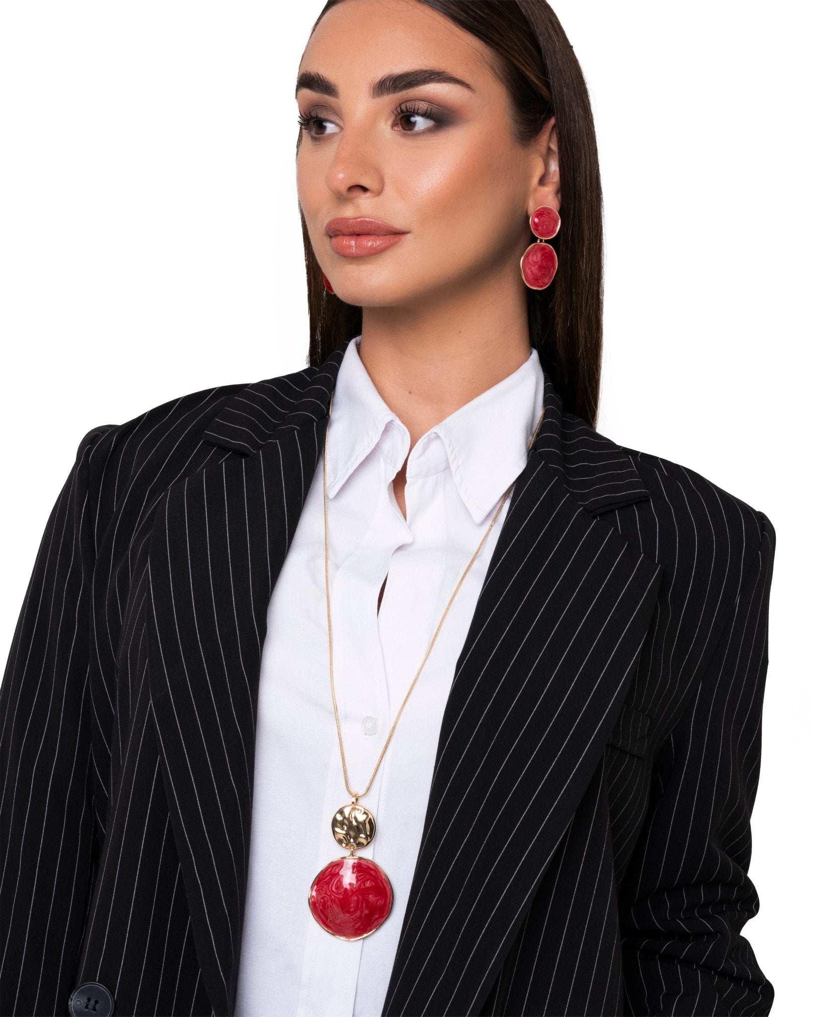 Collana lunga con pendente circolare marmorizzato rosso - Mya Accessories